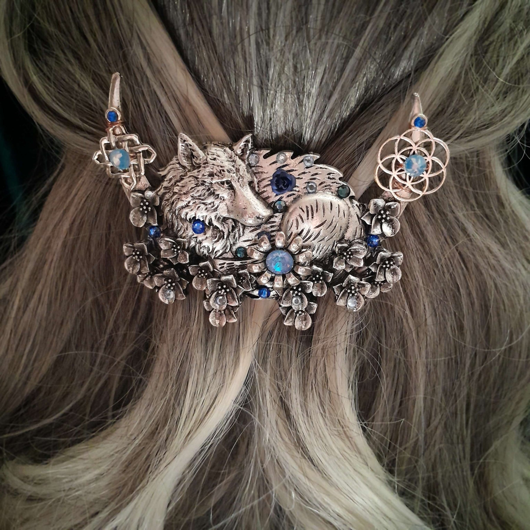 Moon Wolf Blue Crystal Hairclip Barrette