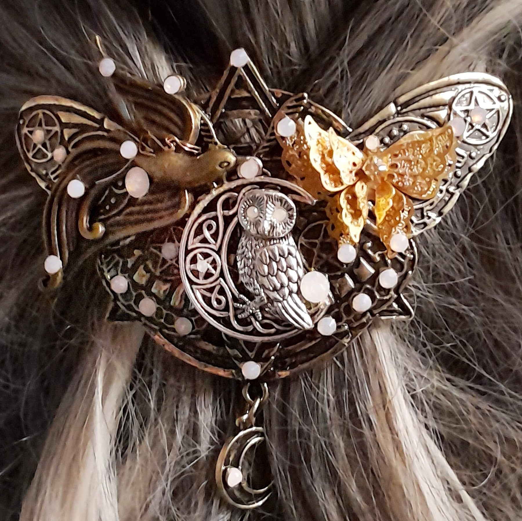 Large Boho Moon Owl Hairclip
