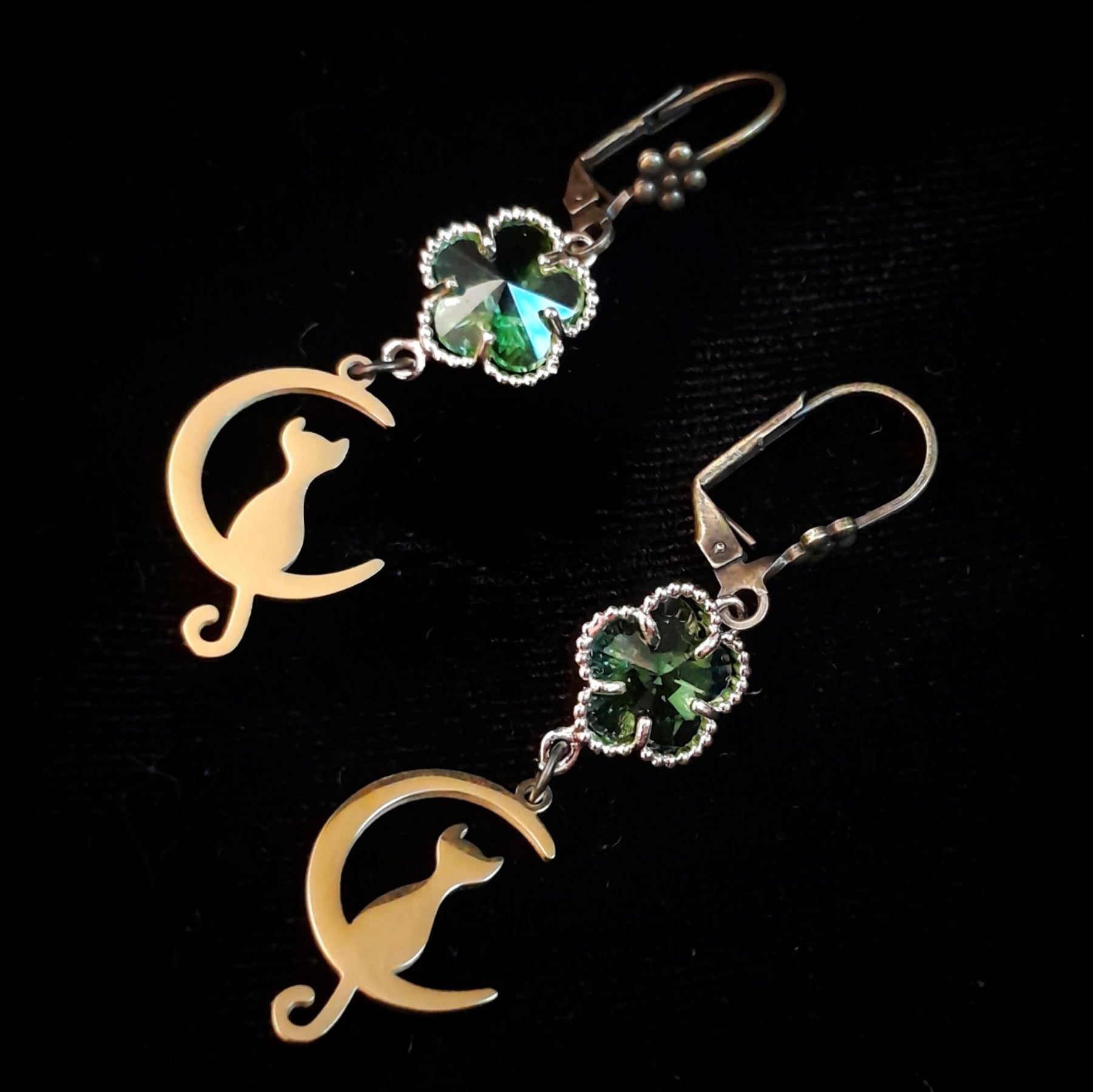 Green Earrings Cat Moon