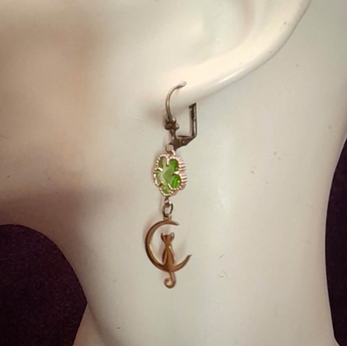 Green Earrings Cat Moon