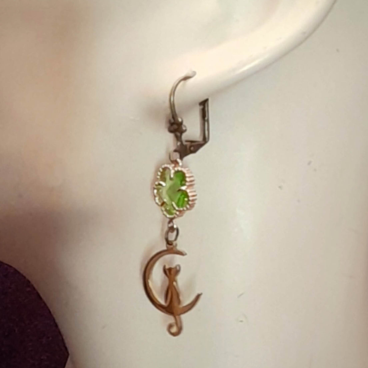 Green Earrings Cat Moon