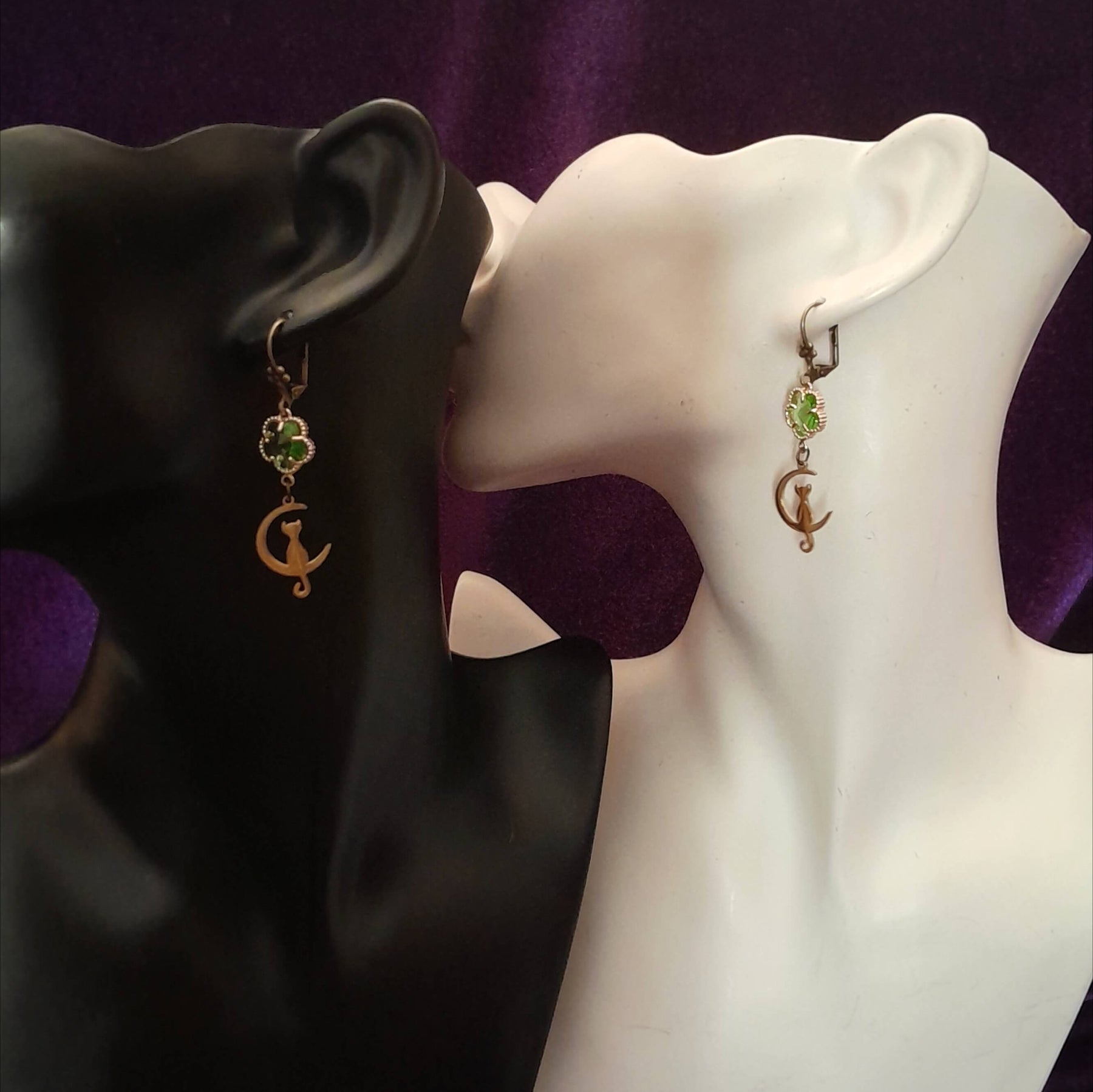 Green Earrings Cat Moon