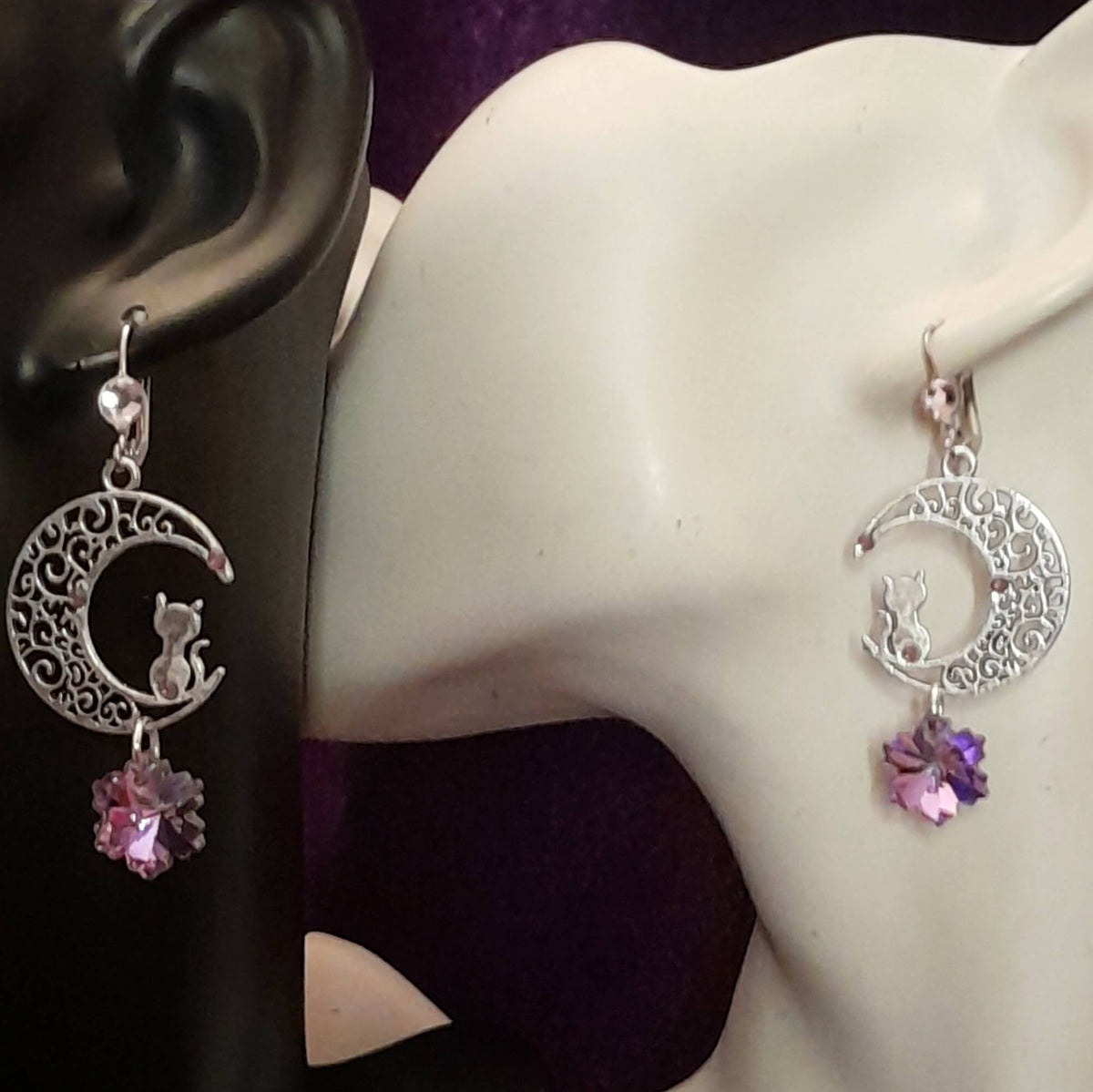 Purple Earrings Crystal Cat Moon