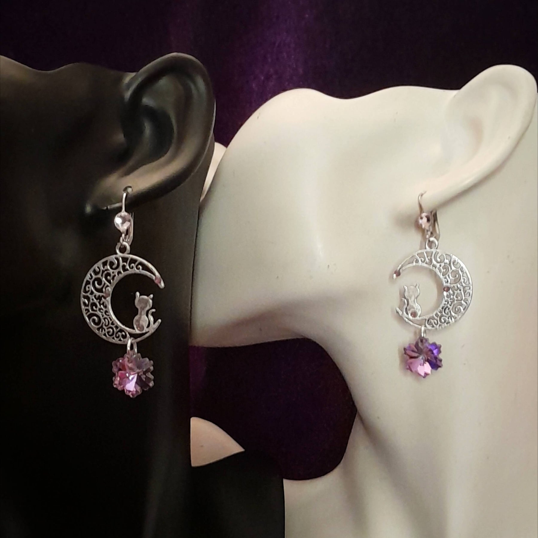 Purple Earrings Crystal Cat Moon