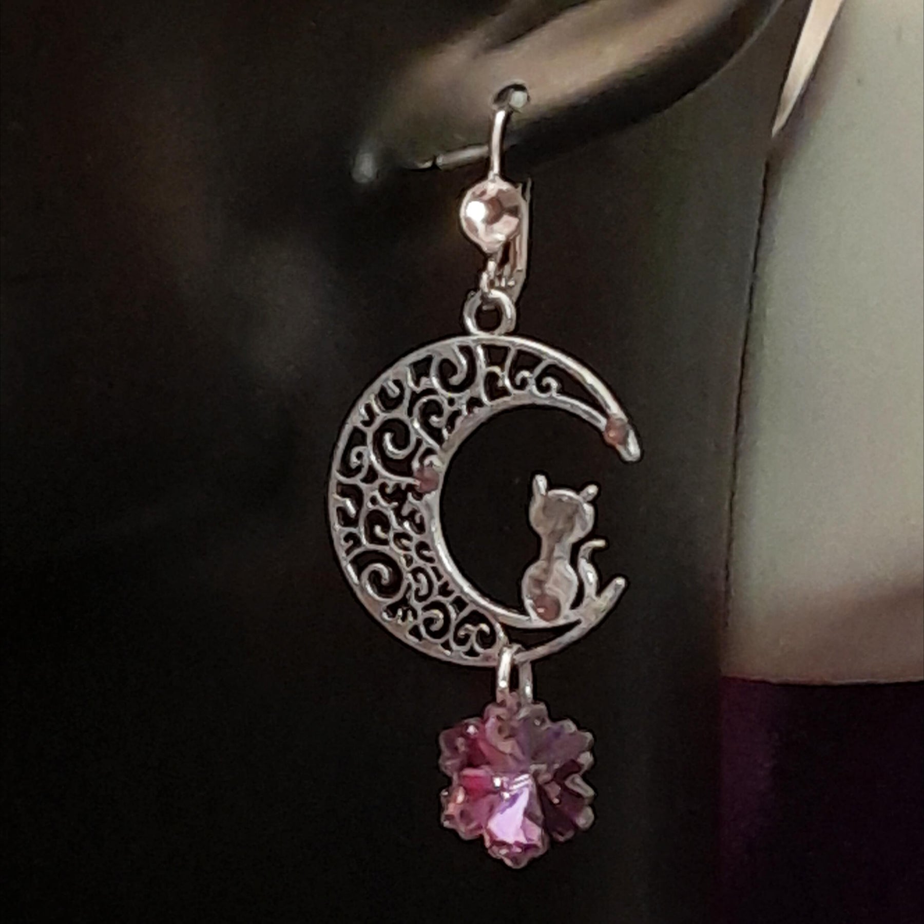 Purple Earrings Crystal Cat Moon