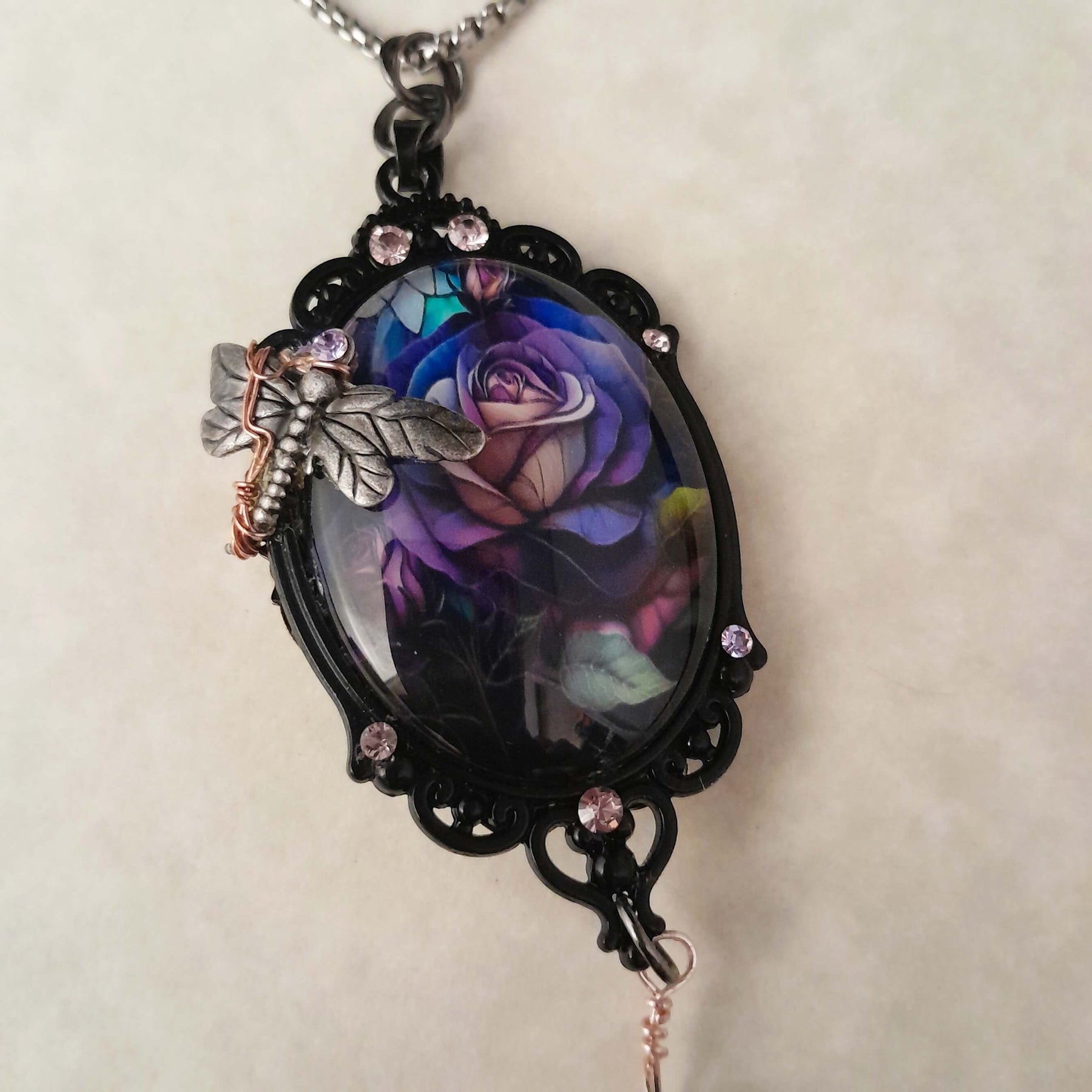 Rose Dragonfly Cabochon Necklace