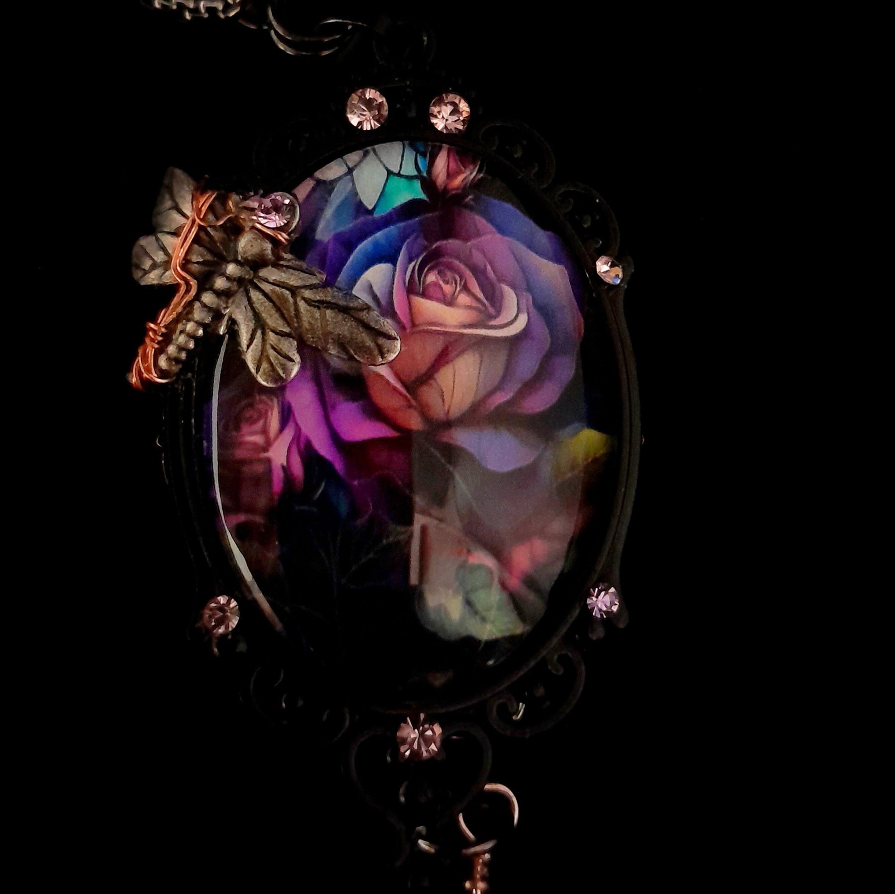 Rose Dragonfly Cabochon Necklace
