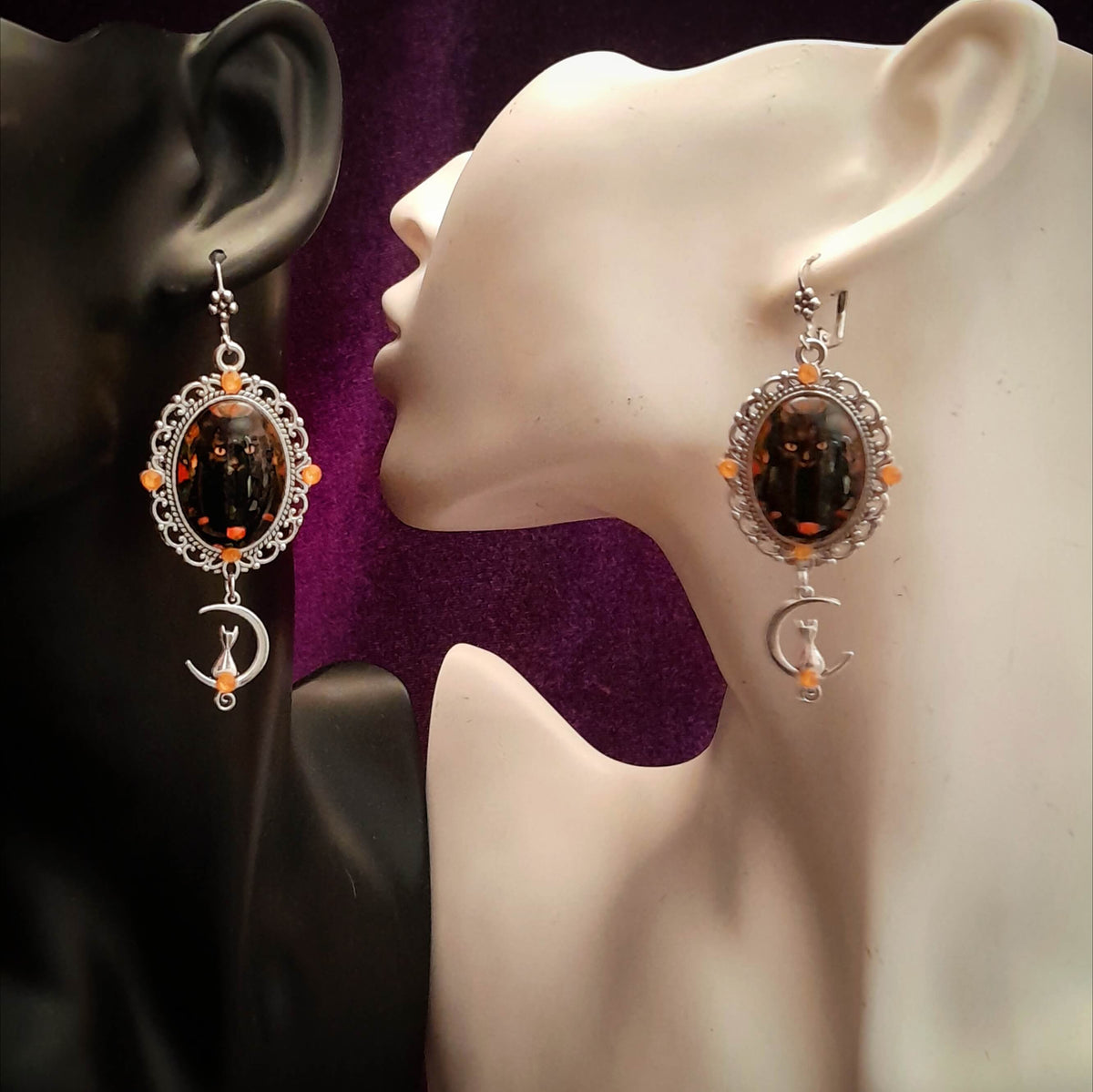 Cat Moon Cabochon Earrings