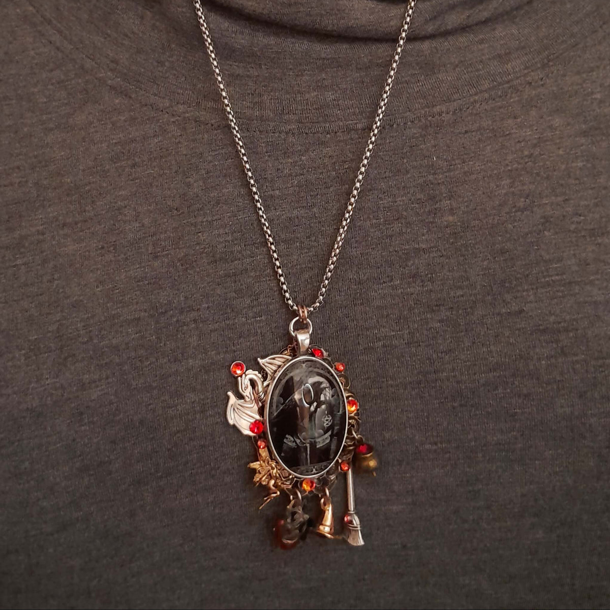 Raven Witchy Dragon Cabochon Necklace