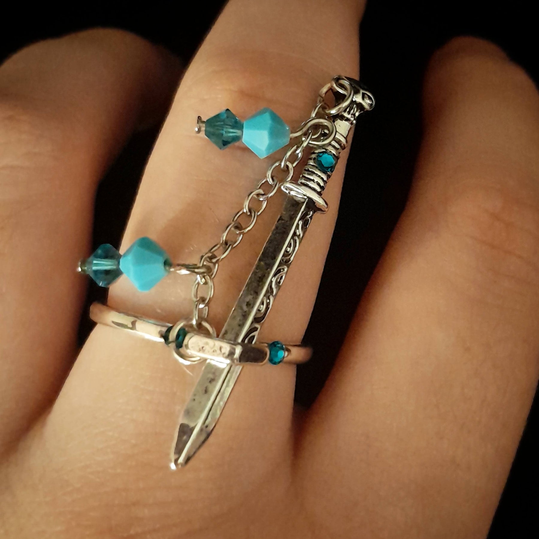 Adjustable Fantasy Sword Ring with Turquoise Crystals