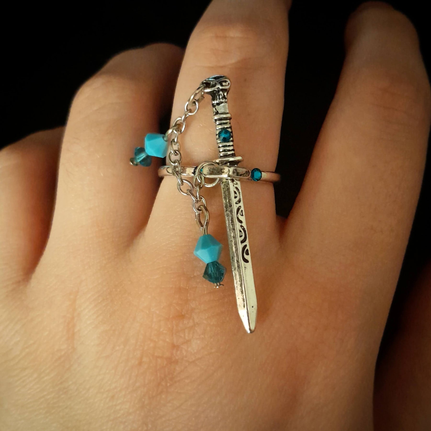 Adjustable Fantasy Sword Ring with Turquoise Crystals