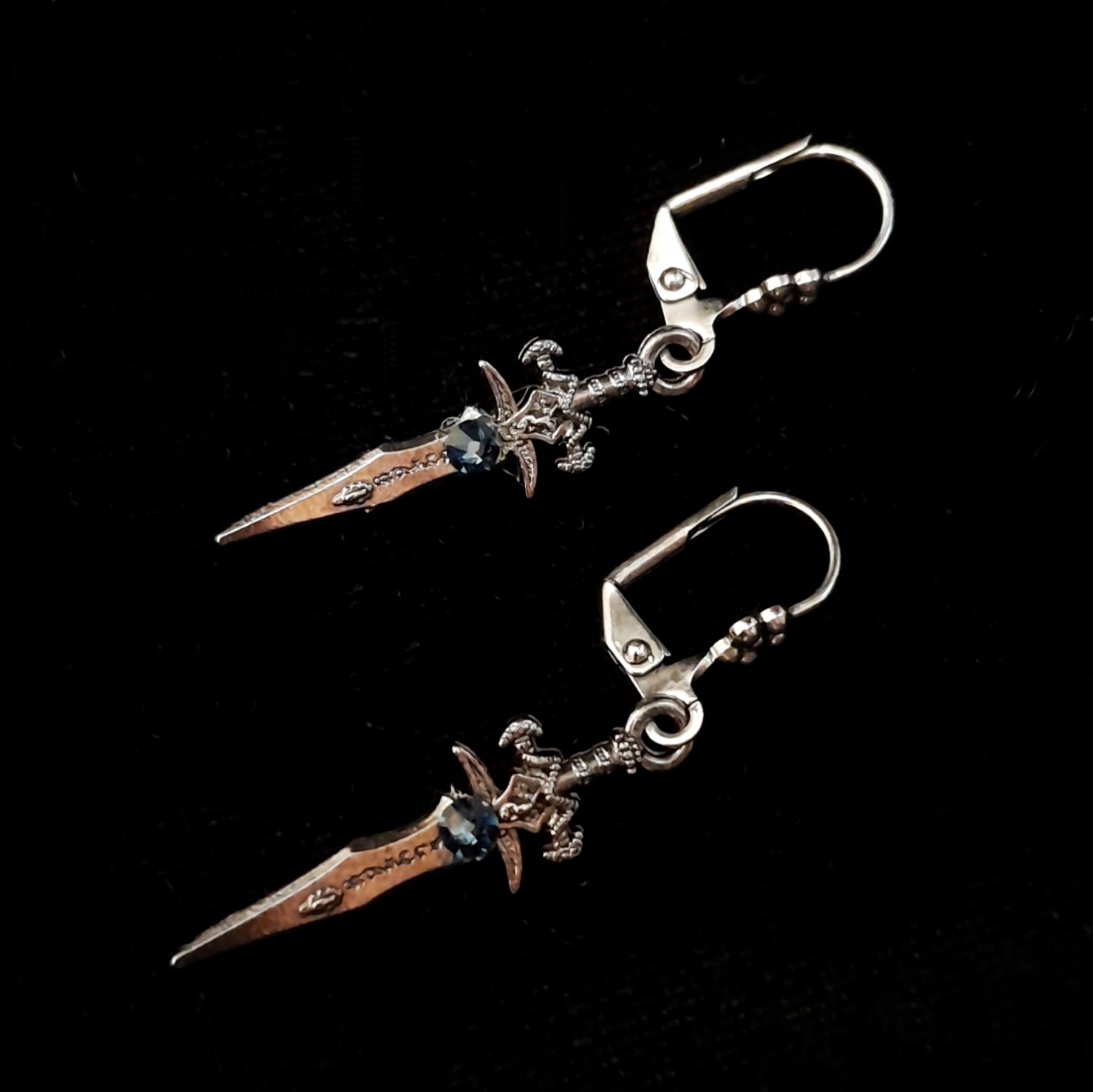 Silver Sword Earrings with Blue Crystals