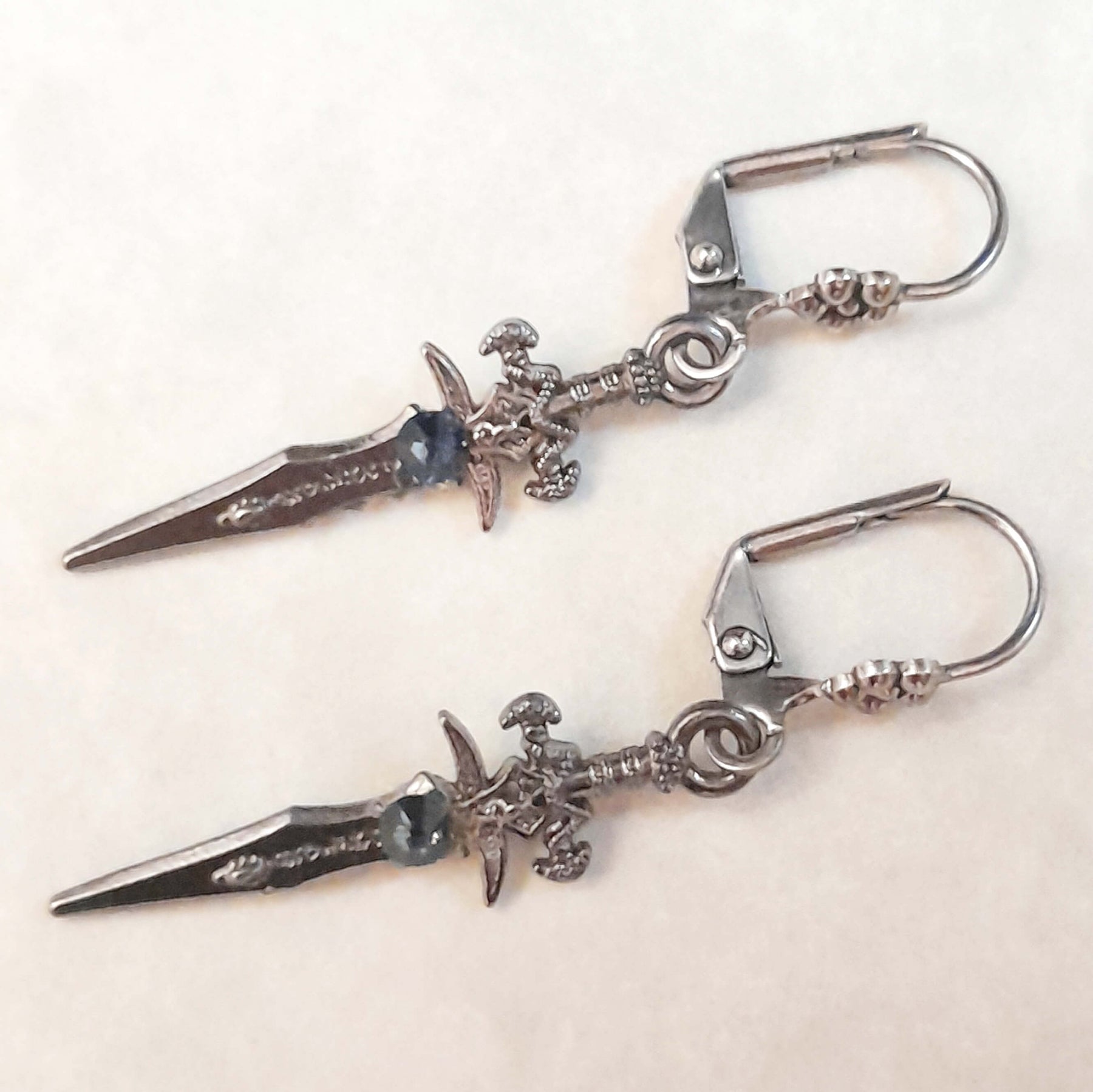 Silver Sword Earrings with Blue Crystals
