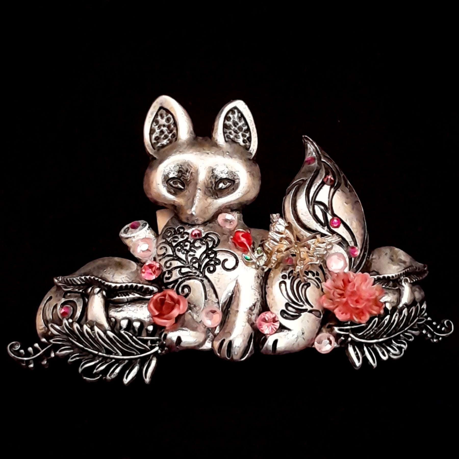 Hairclip Silver Fox Pink Flowers