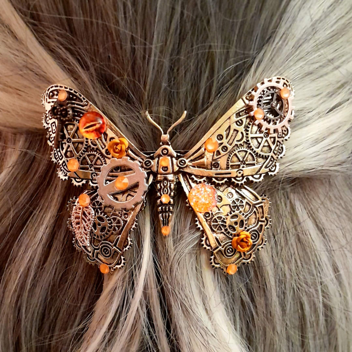 Butterfly Hairclip Orange Druzy Gemstone