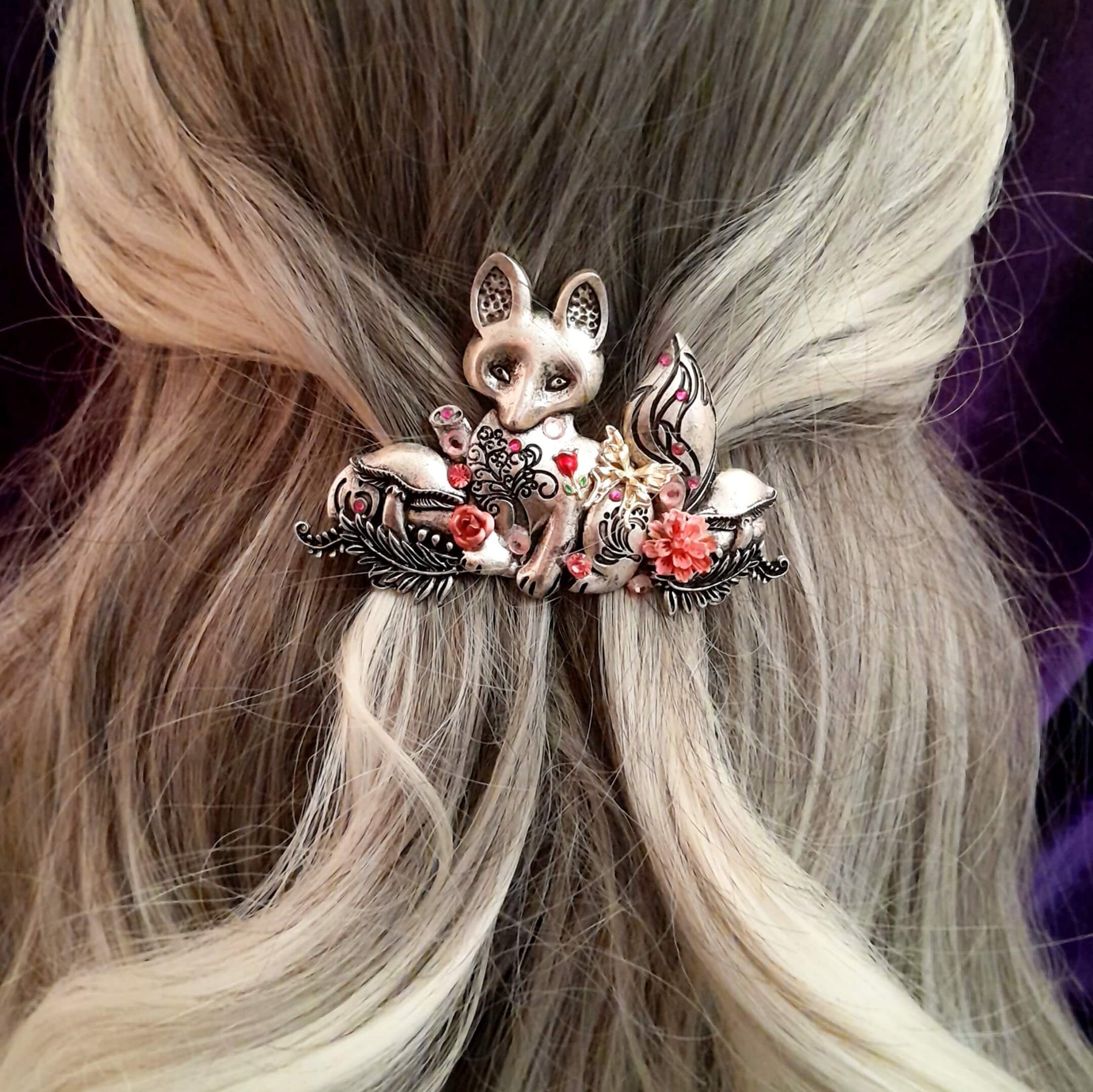 Hairclip Silver Fox Pink Flowers