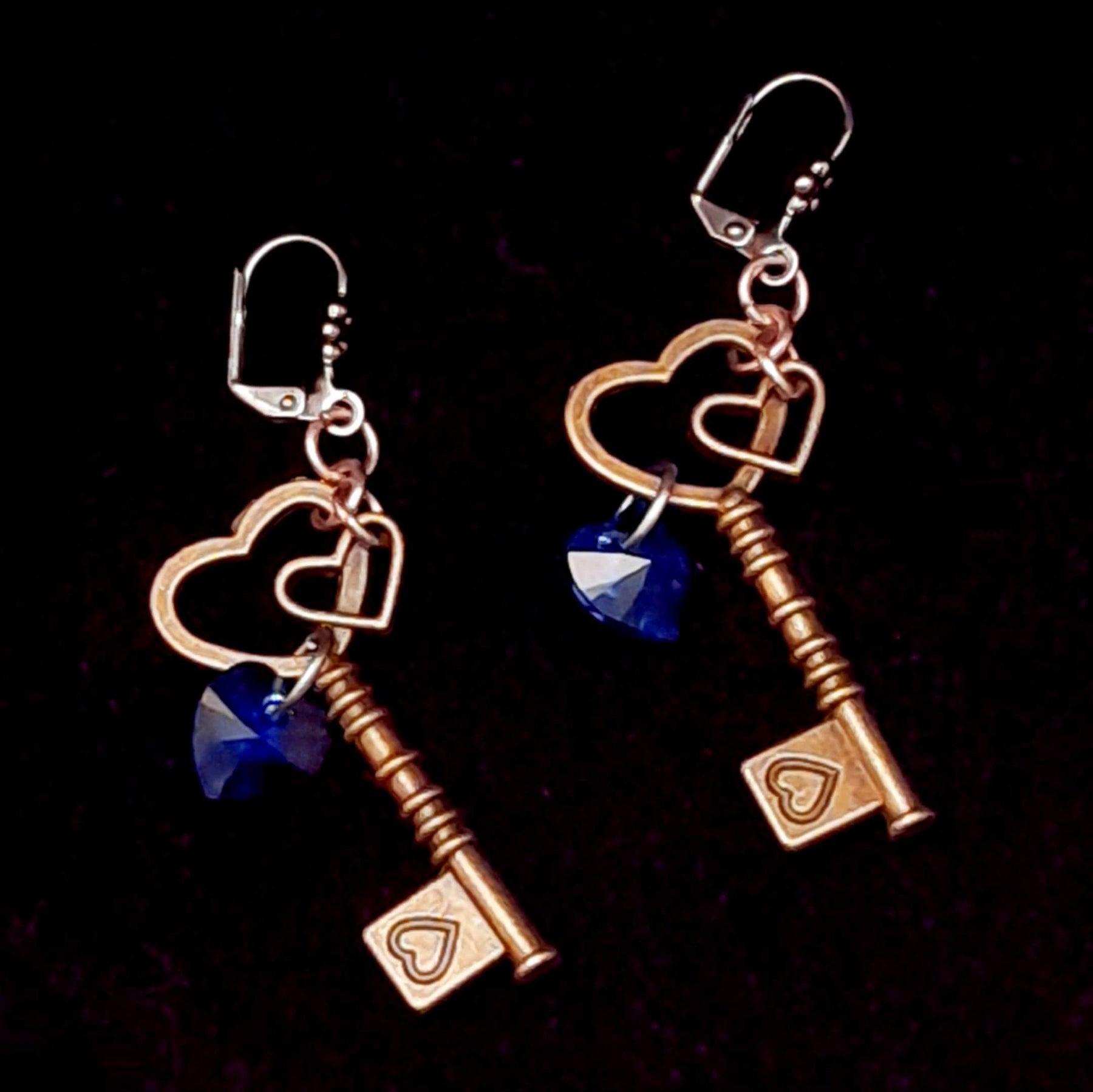 Blue Heart Key Earrings