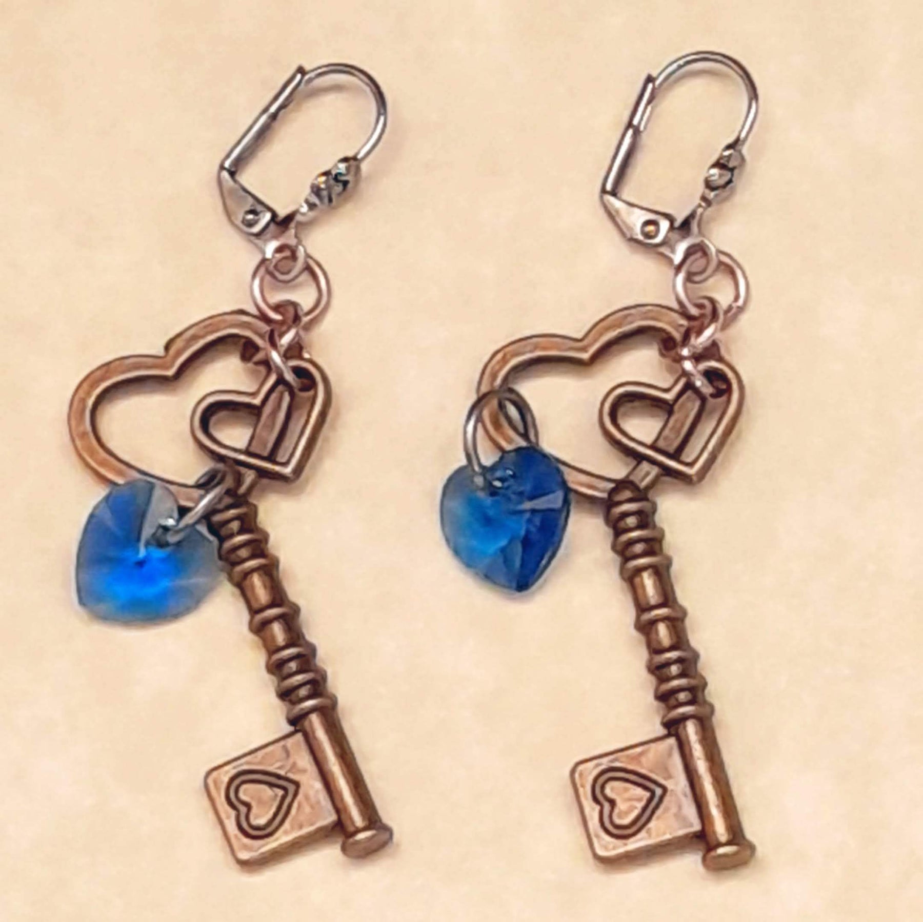 Blue Heart Key Earrings