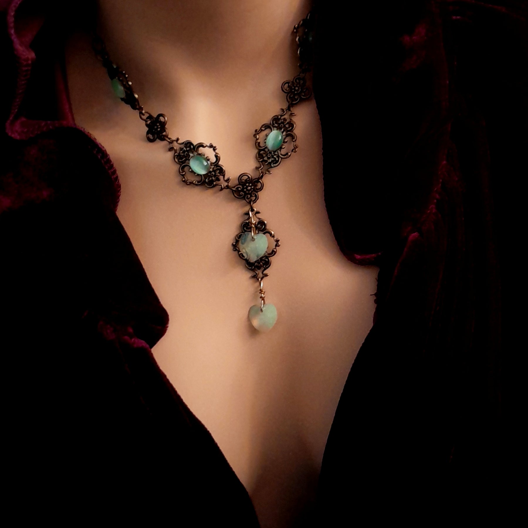 Victorian Style Mint Green Heart Necklace