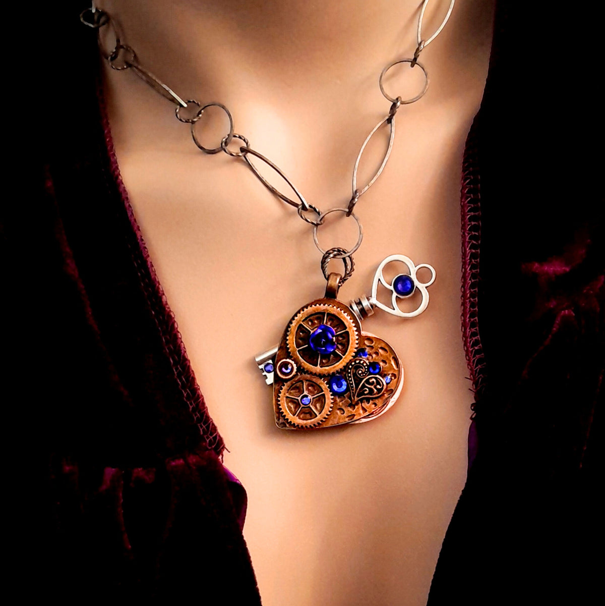 Key Heart Necklace |Purple Crystals