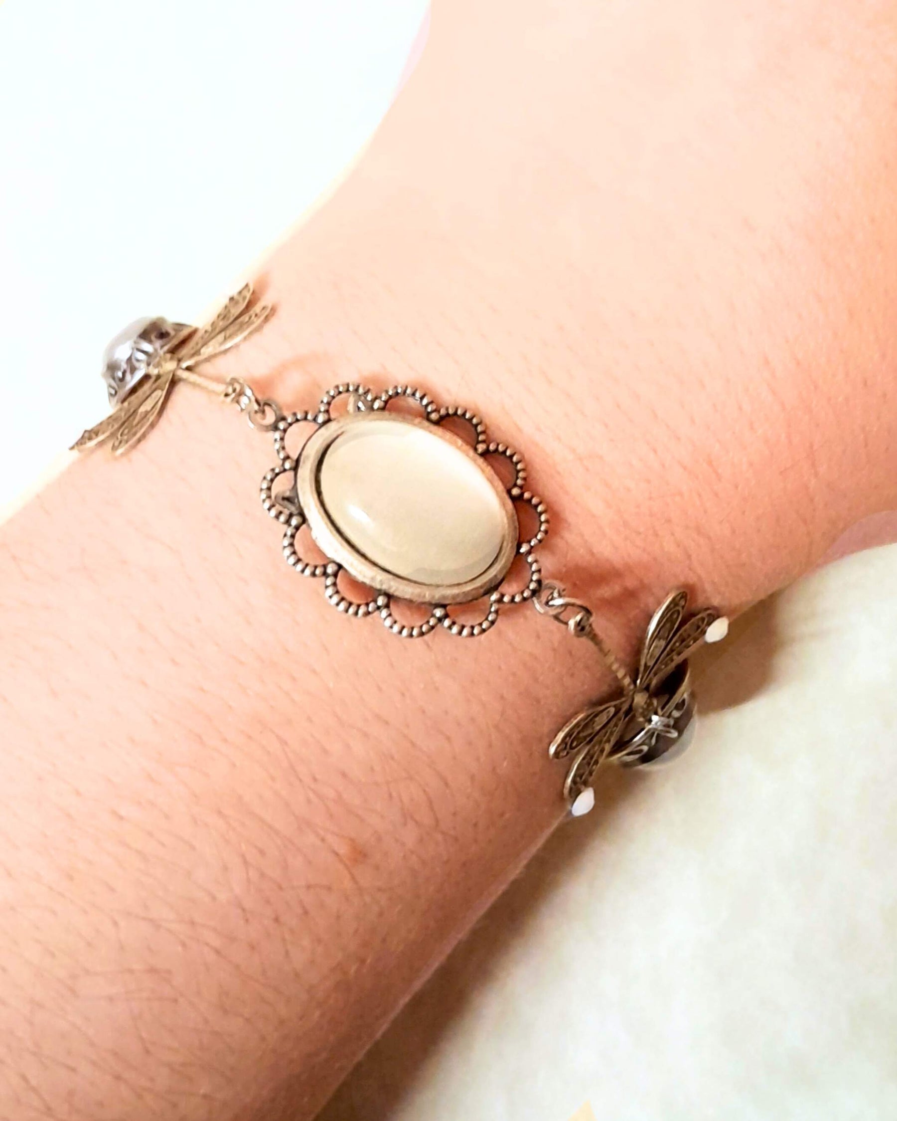 Dragonfly Bracelet White Cat's Eye