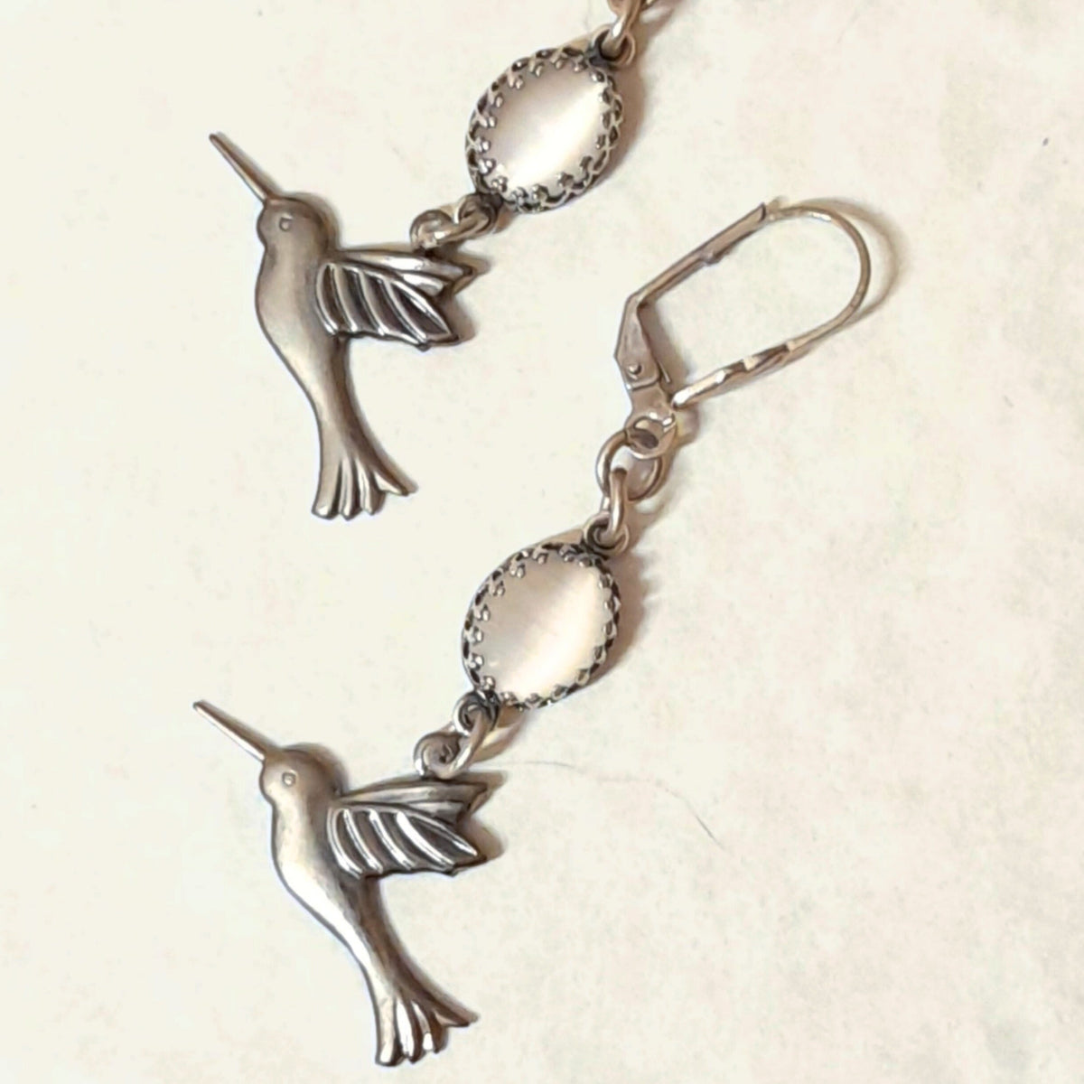 Hummingbird Earrings White Cat's Eye