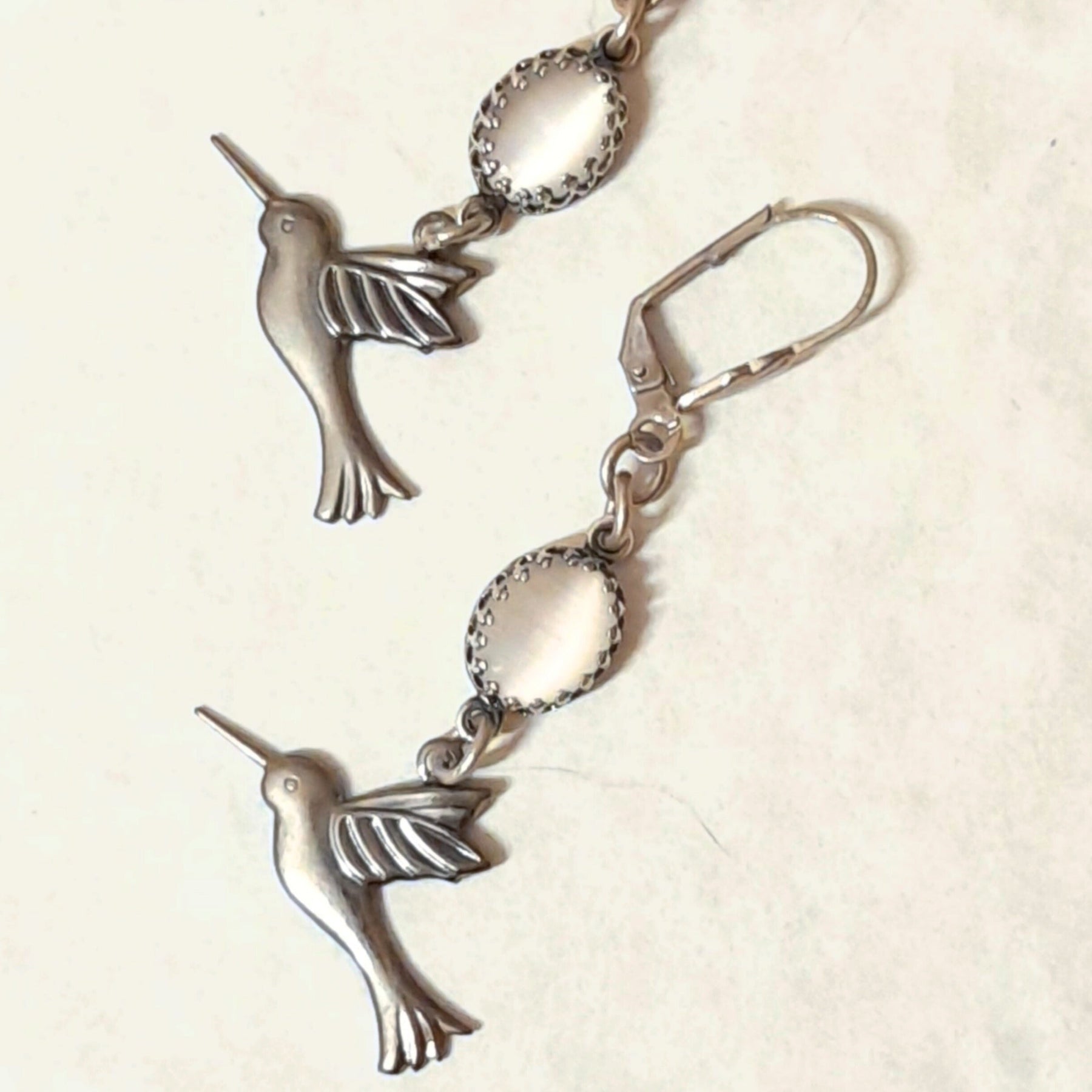 Hummingbird Earrings White Cat's Eye