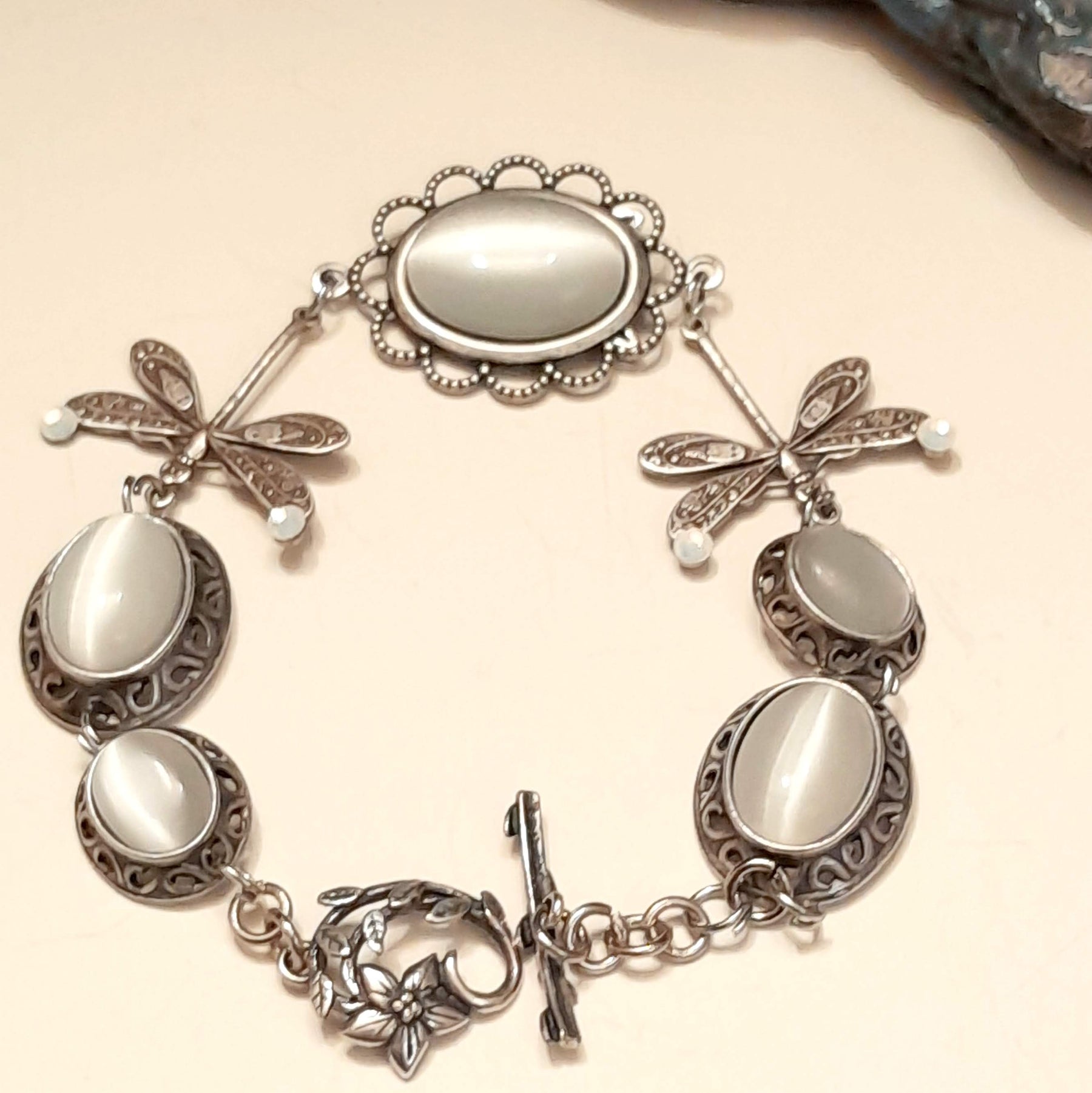 Dragonfly Bracelet White Cat's Eye