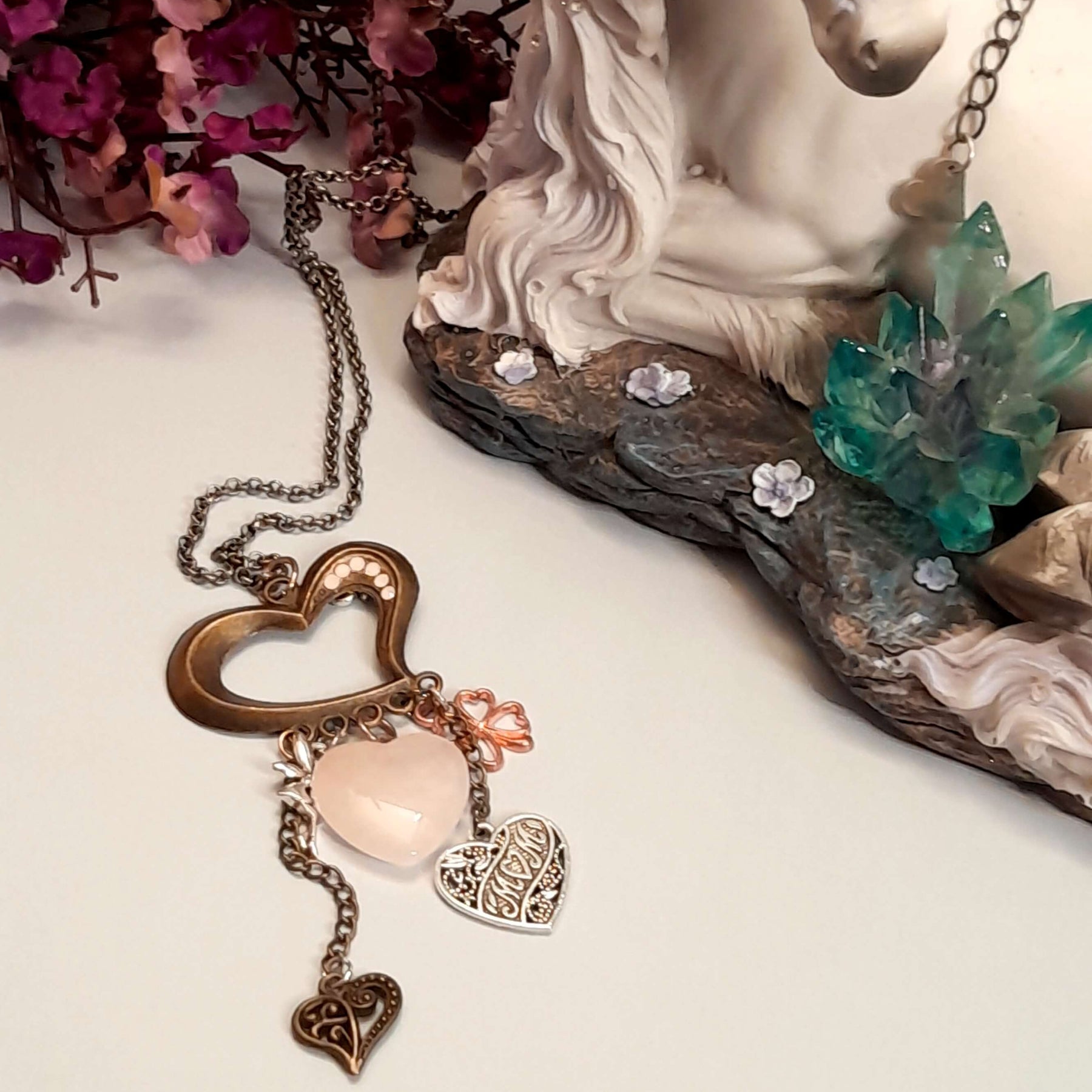 Rose Quartz Heart Necklace Mom Gift