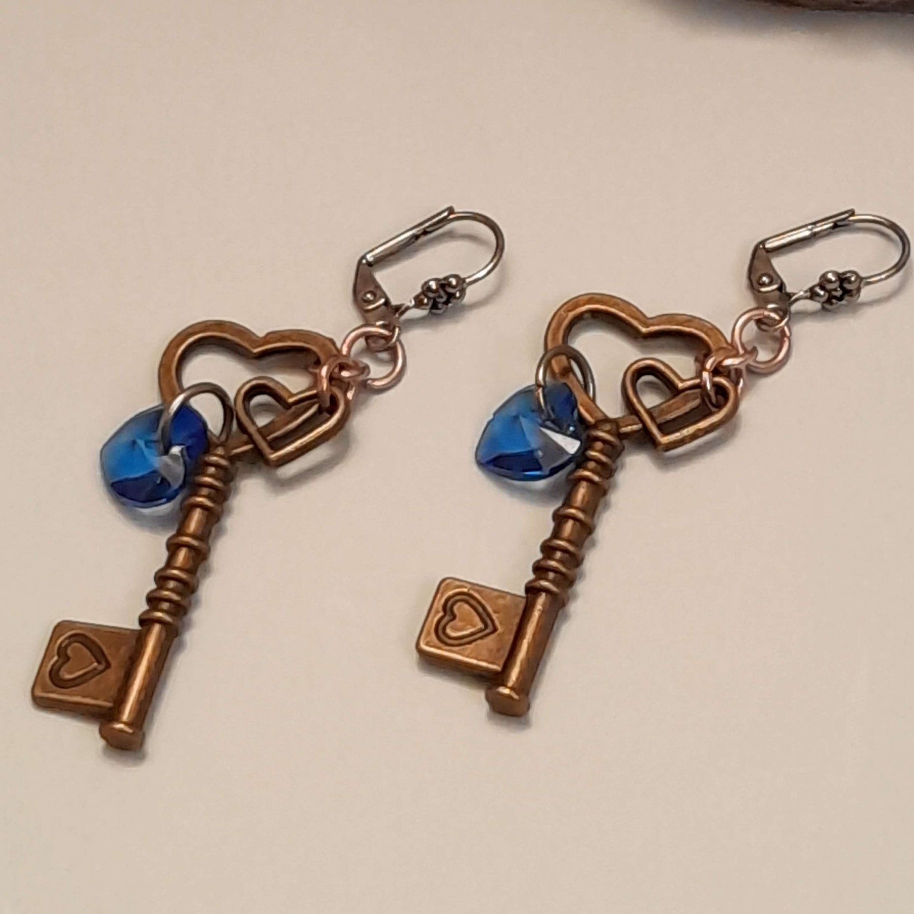 Blue Heart Key Earrings