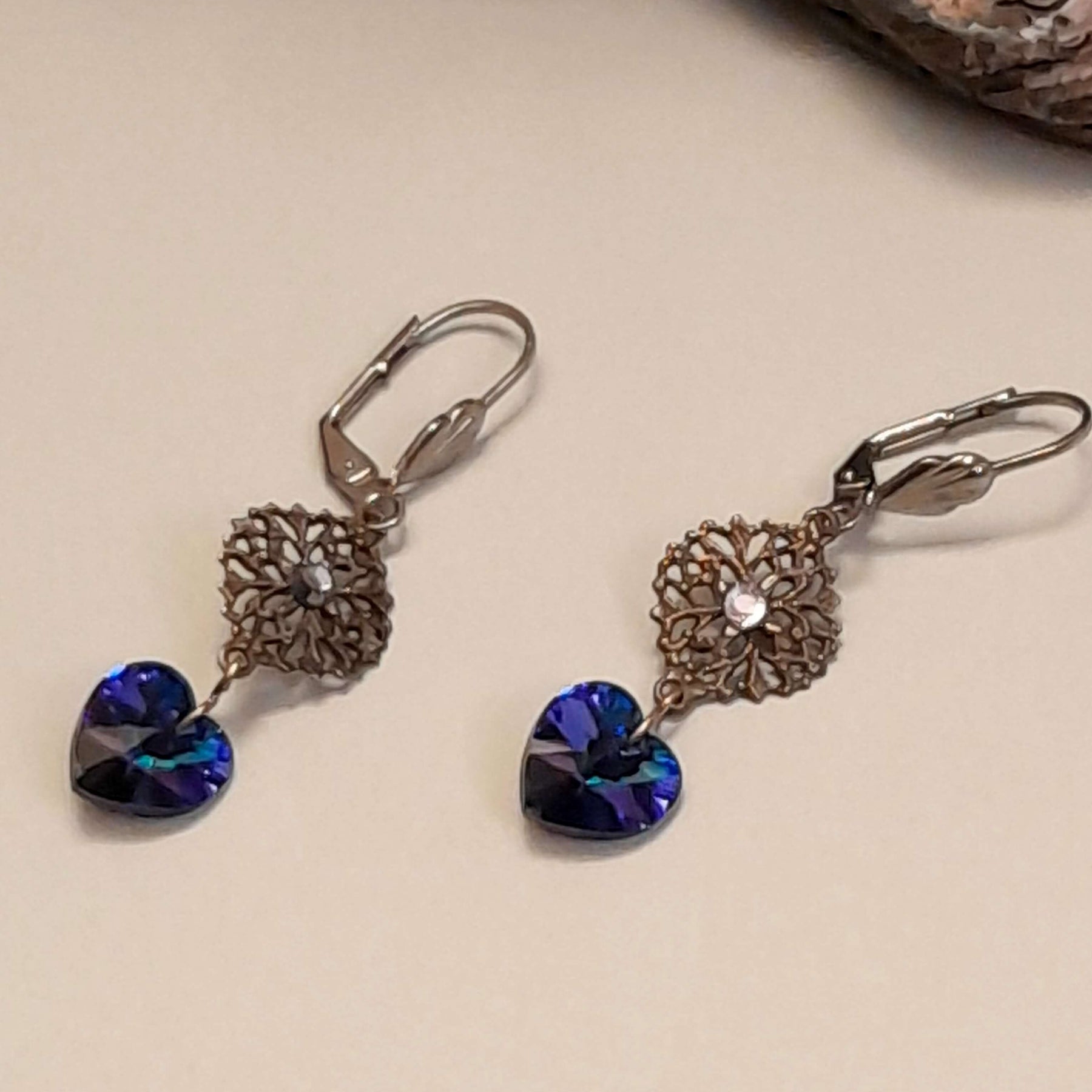 Blue Crystal Heart Earrings