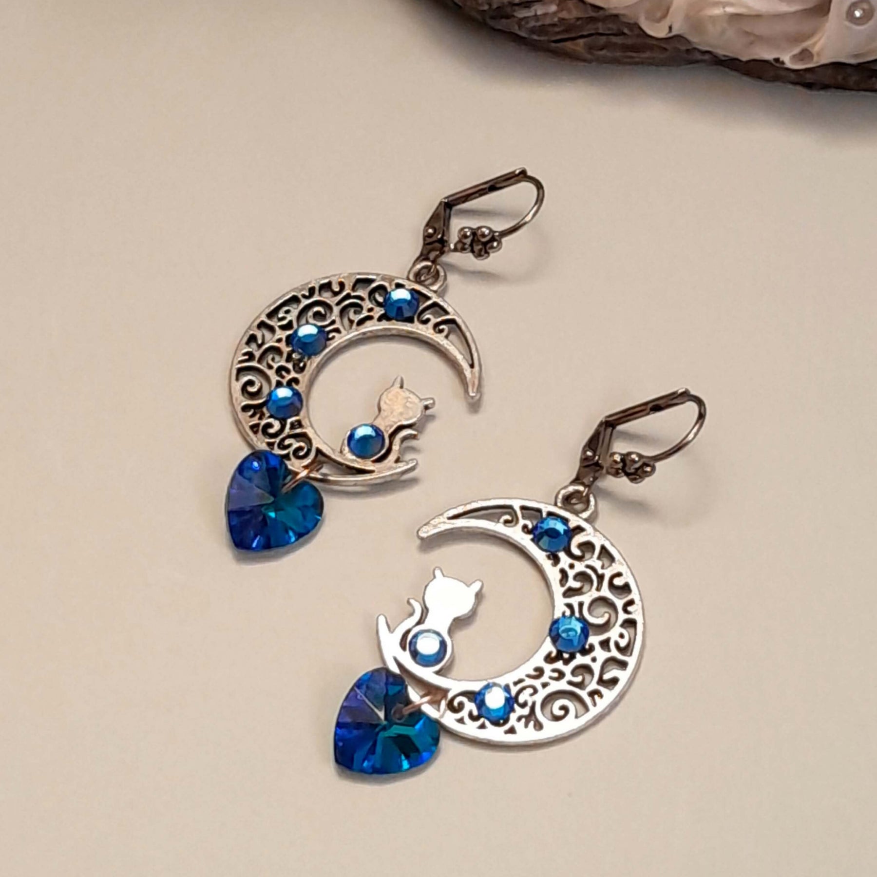 Blue Cat Moon Heart Earrings