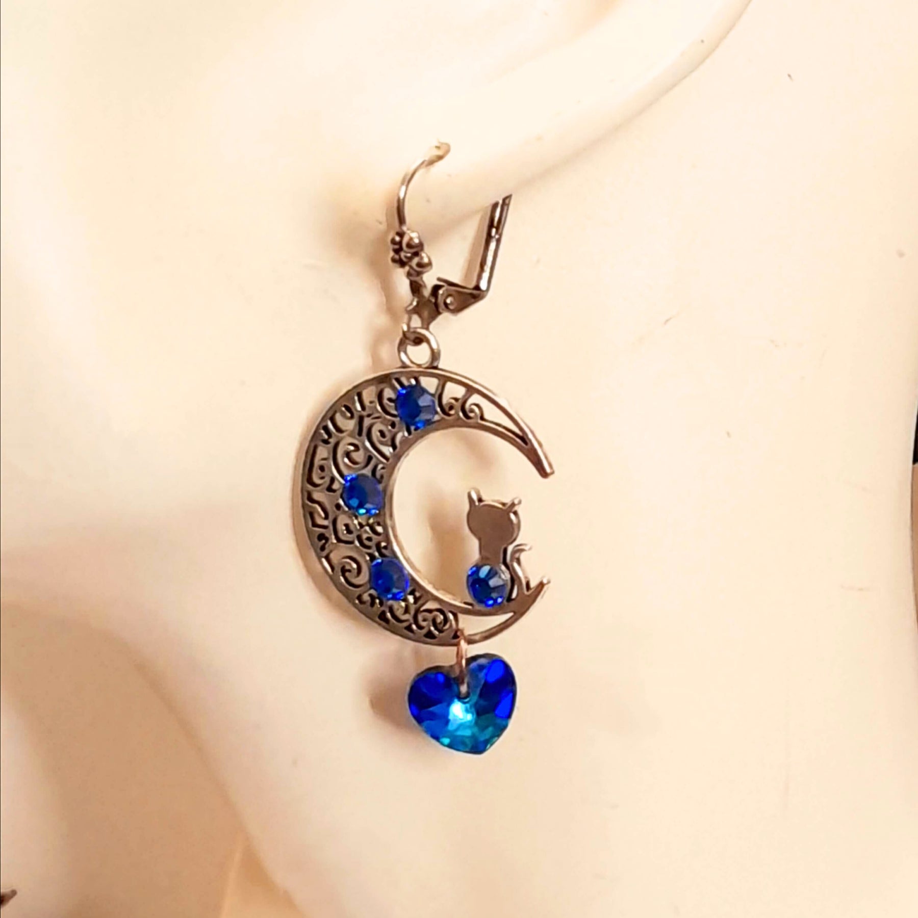 Blue Cat Moon Heart Earrings