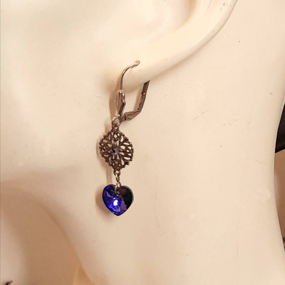 Blue Crystal Heart Earrings |Small Dangles