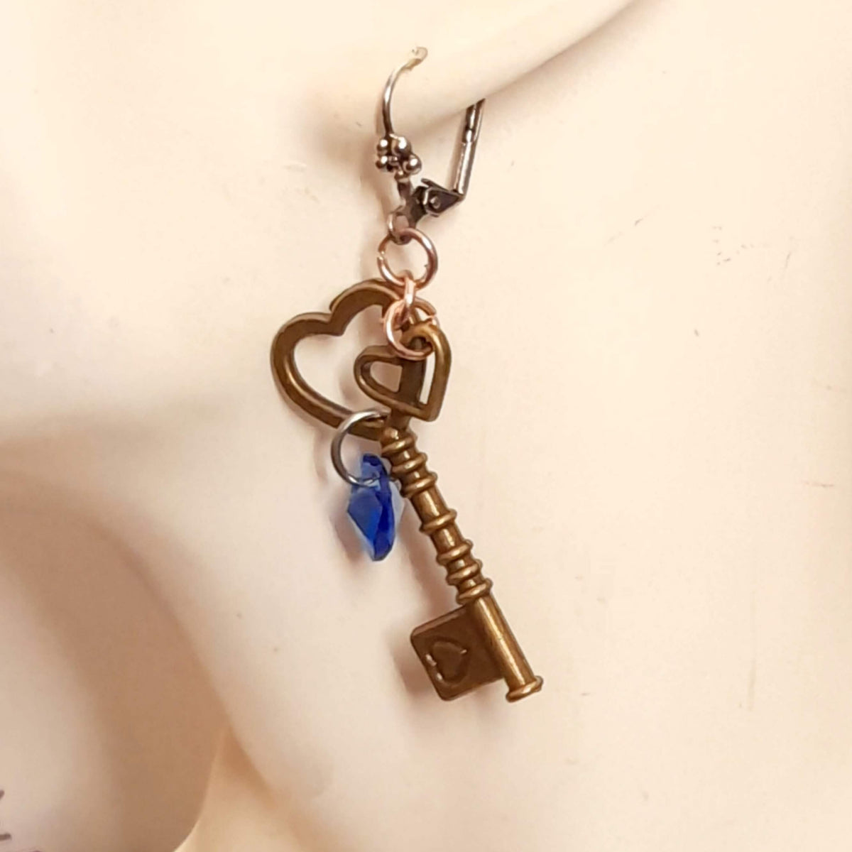 Key Earrings |Blue Crystal Hearts