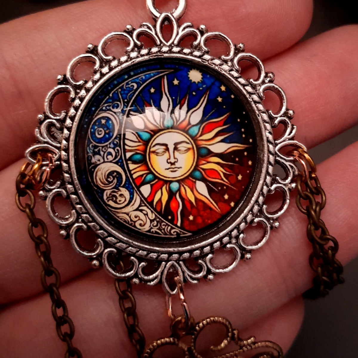 Blue Long Necklace Boho Moon and Sun