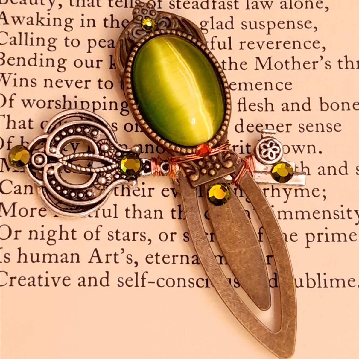 swarovski green crystals bookmark cats eye stone unique