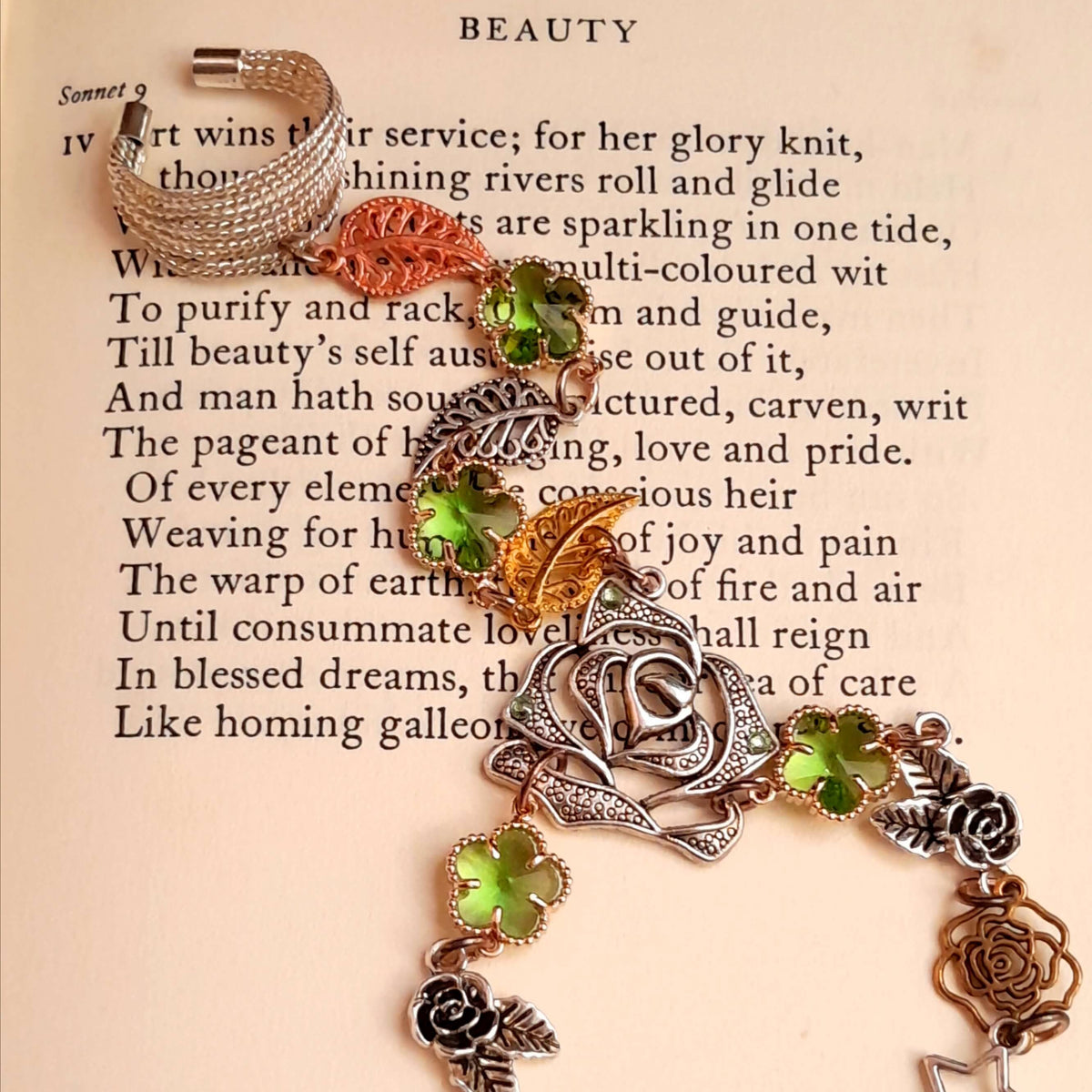 Hand Chain Green Crystals Flowers Leaves