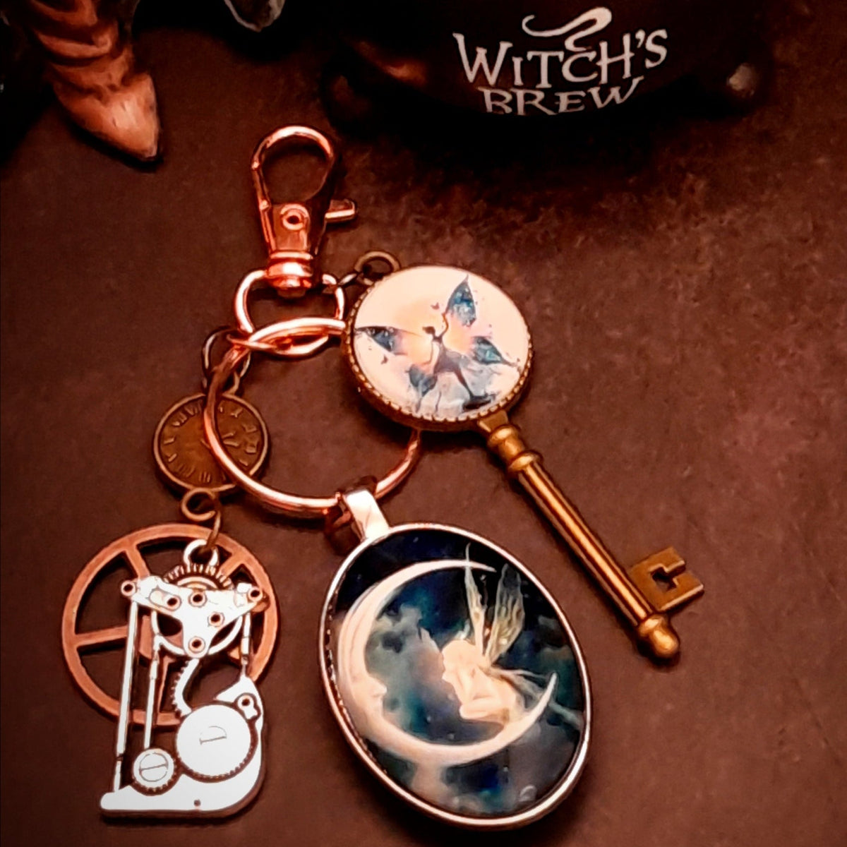 purse charm key chain charm zipper pull moon fairy