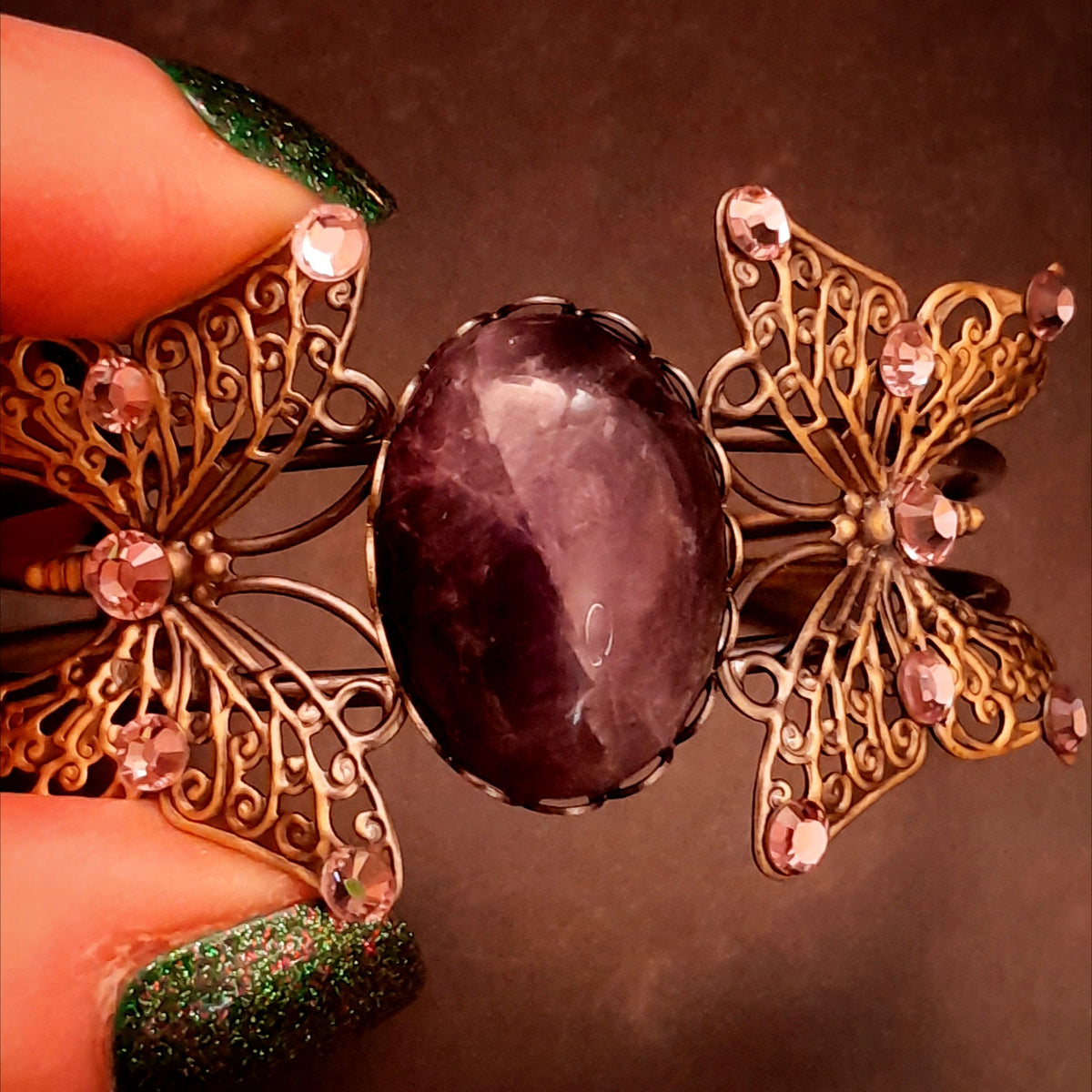 purple amethyst stone cuff bracelet swarovski crystals butterfly