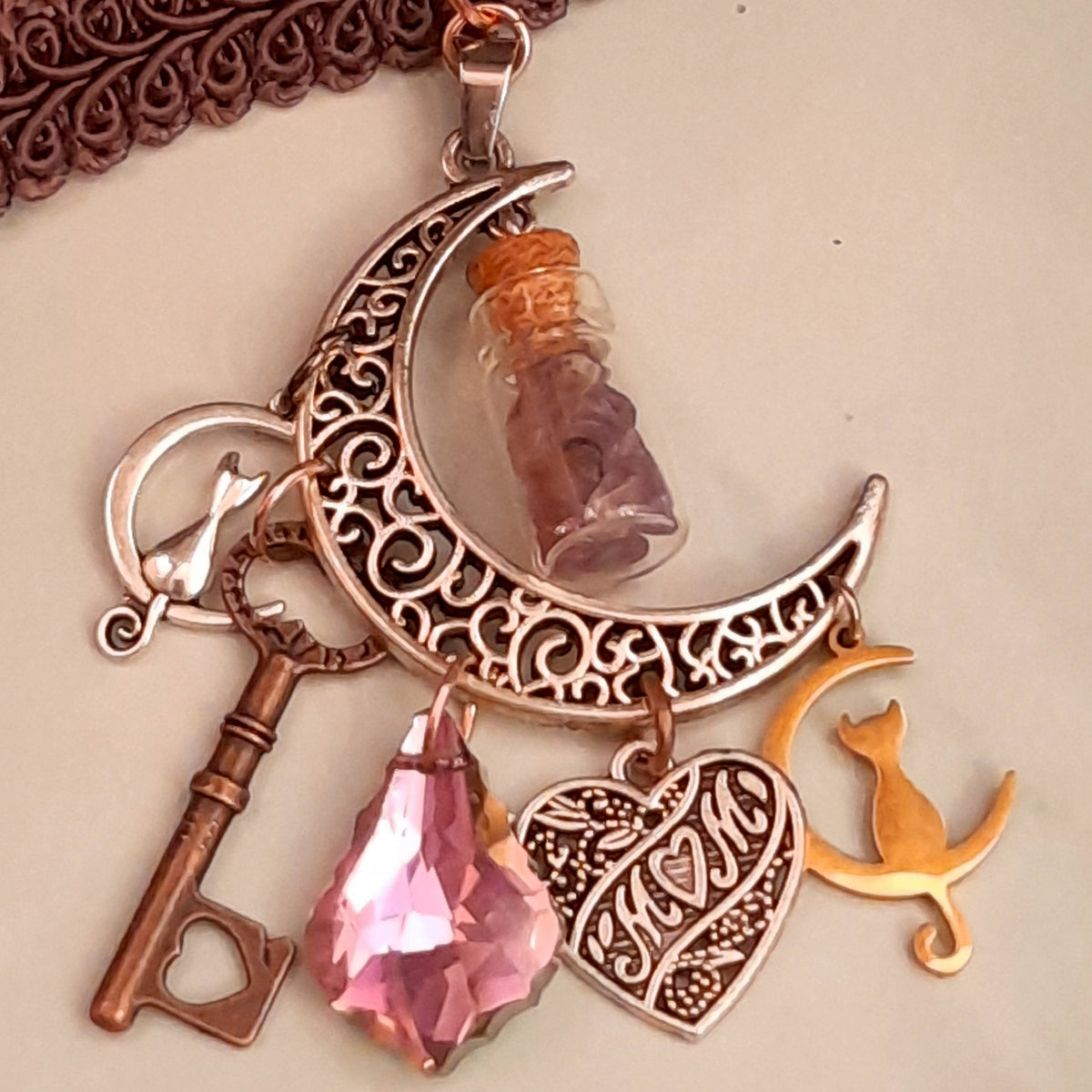Purple choker necklace cat moon design with lavender crystal and world-renowned genuine Swarovski crystals — vintage style fantasy magic gift for her