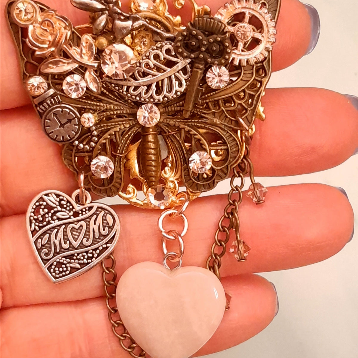 Victorian style vintage style rose quartz heart butterfly brooch — magical handmade fantasy jewelry gift for mom with world-renowned genuine Swarovski crystals