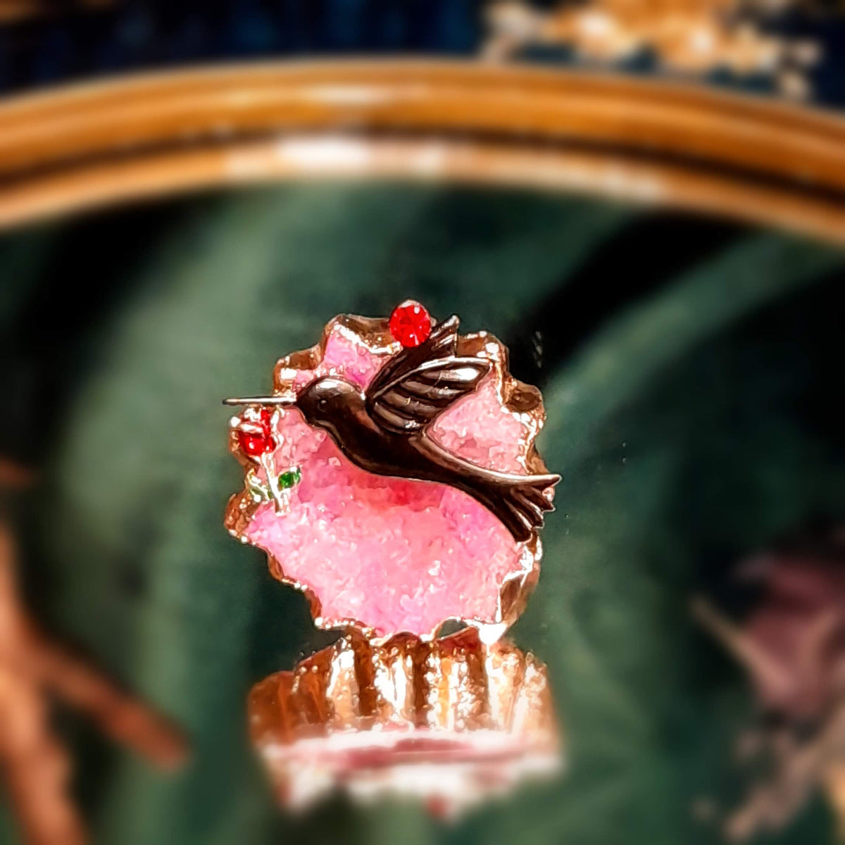 Adjustable Ring Pink Geode Hummingbird