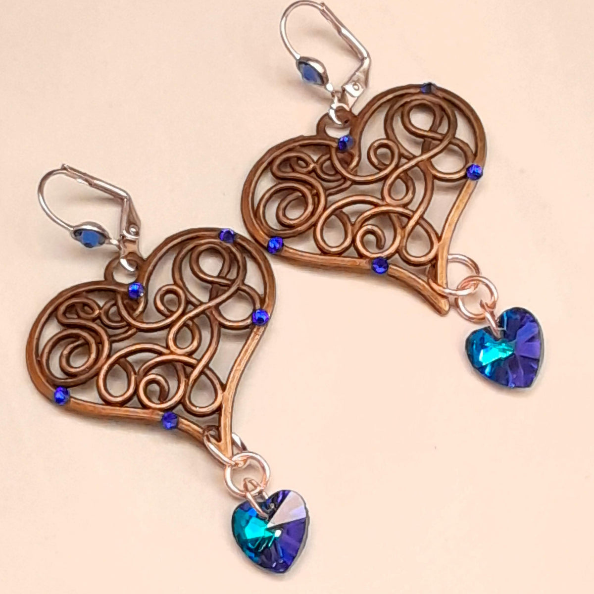 Something blue bridal earrings featuring world-renowned genuine Swarovski sapphire hearts — Victorian style vintage style handmade designer chandelier earrings