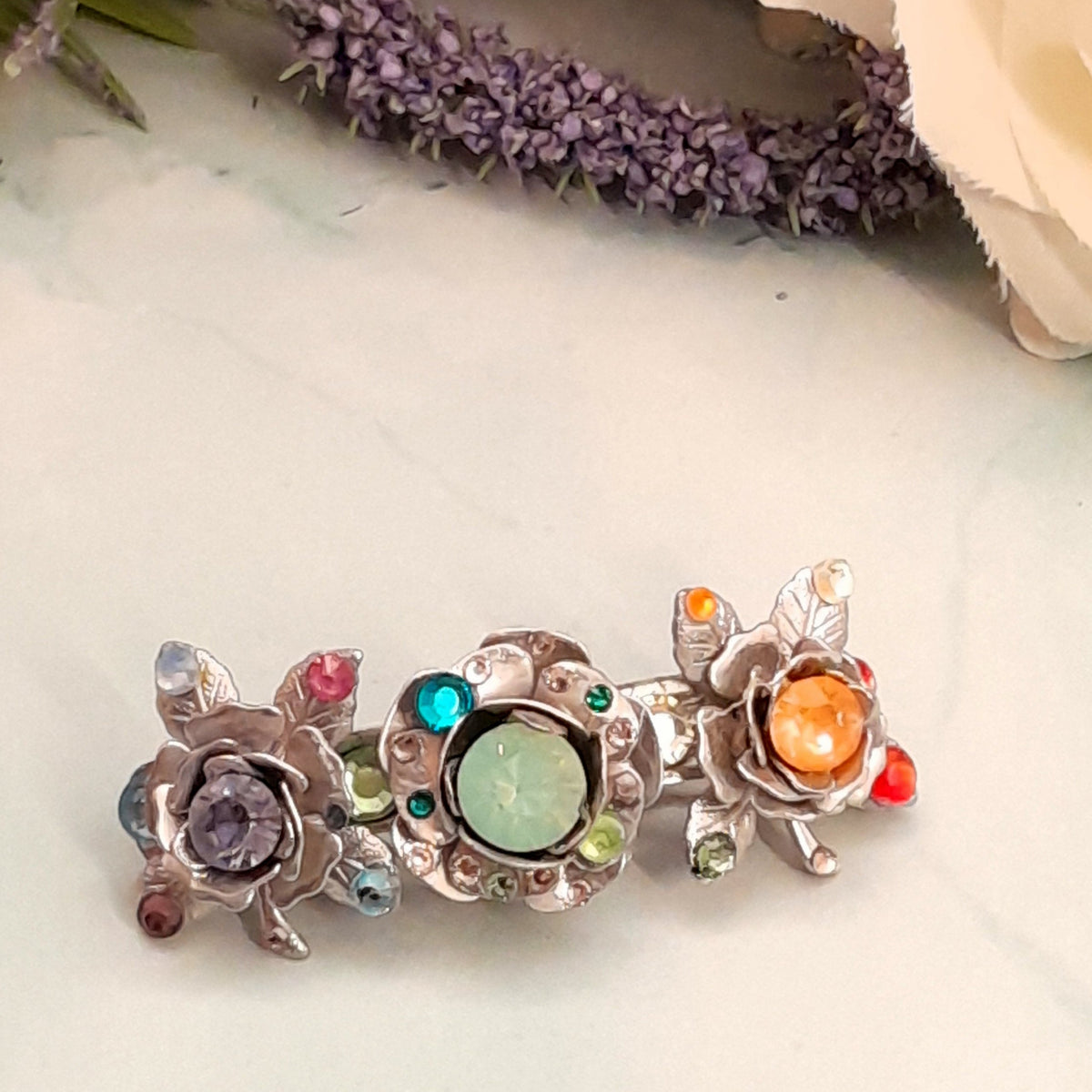 Handmade magical fantasy silver rose flower hair clip barrette with rainbow Swarovski crystals, Victorian style vintage style bohemian hair accessory