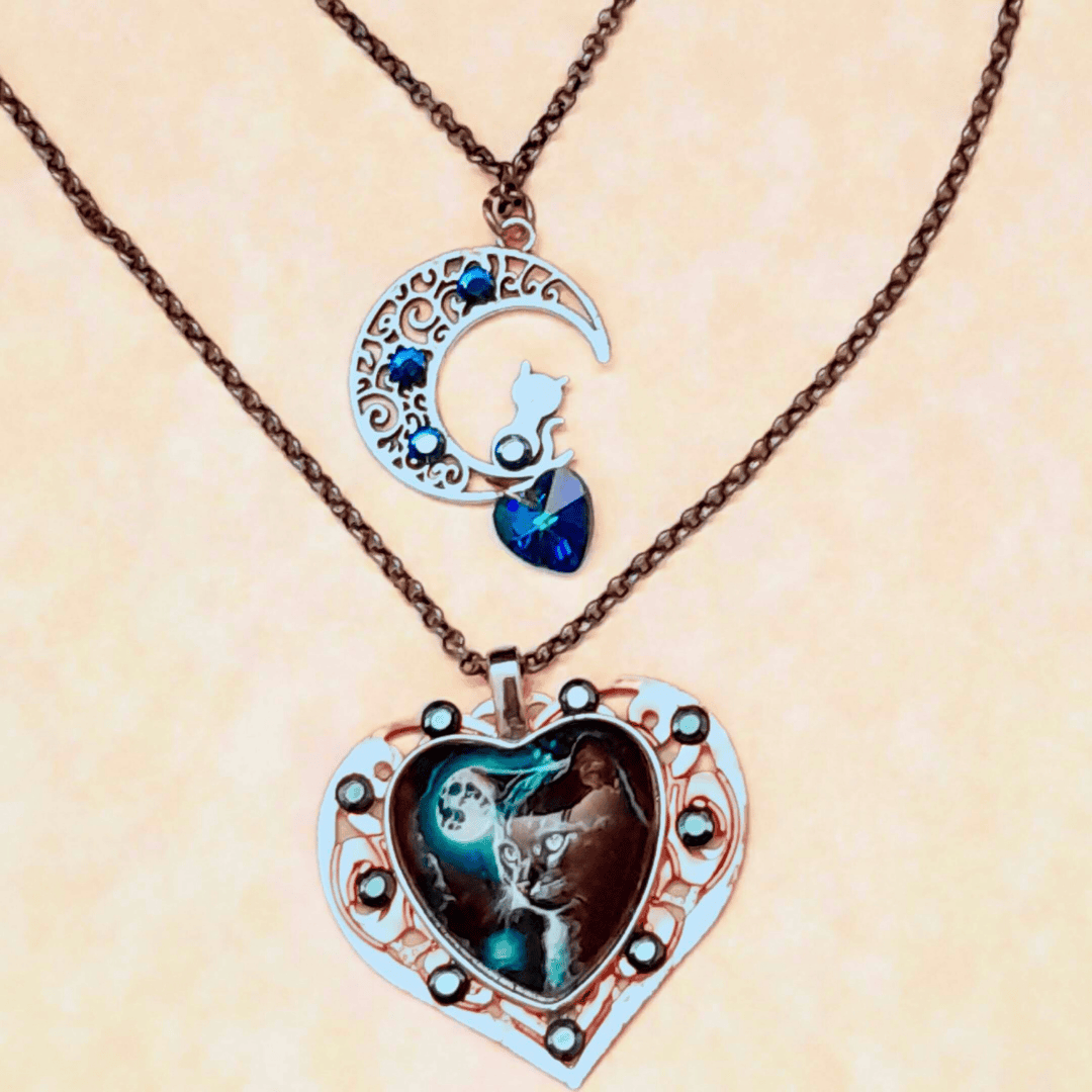 Blue Cat Moon Necklace |Double Layer Hearts