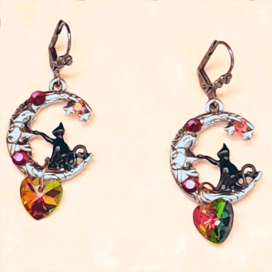 Cat Moon Earrings |Crystal Hearts