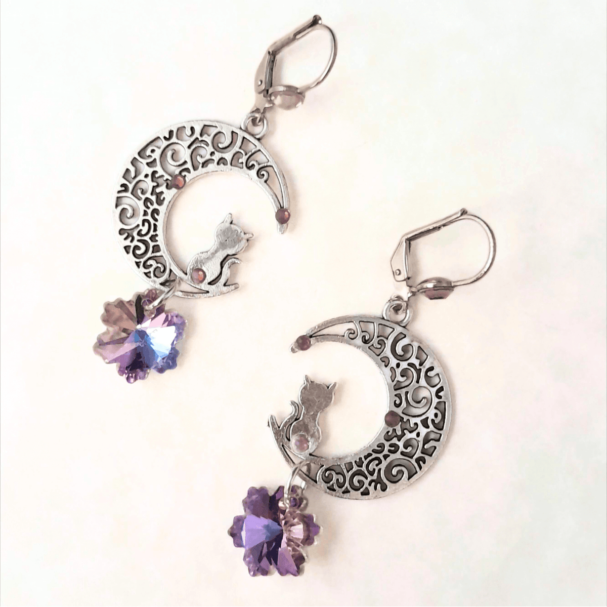 Purple Earrings Crystal Cat Moon