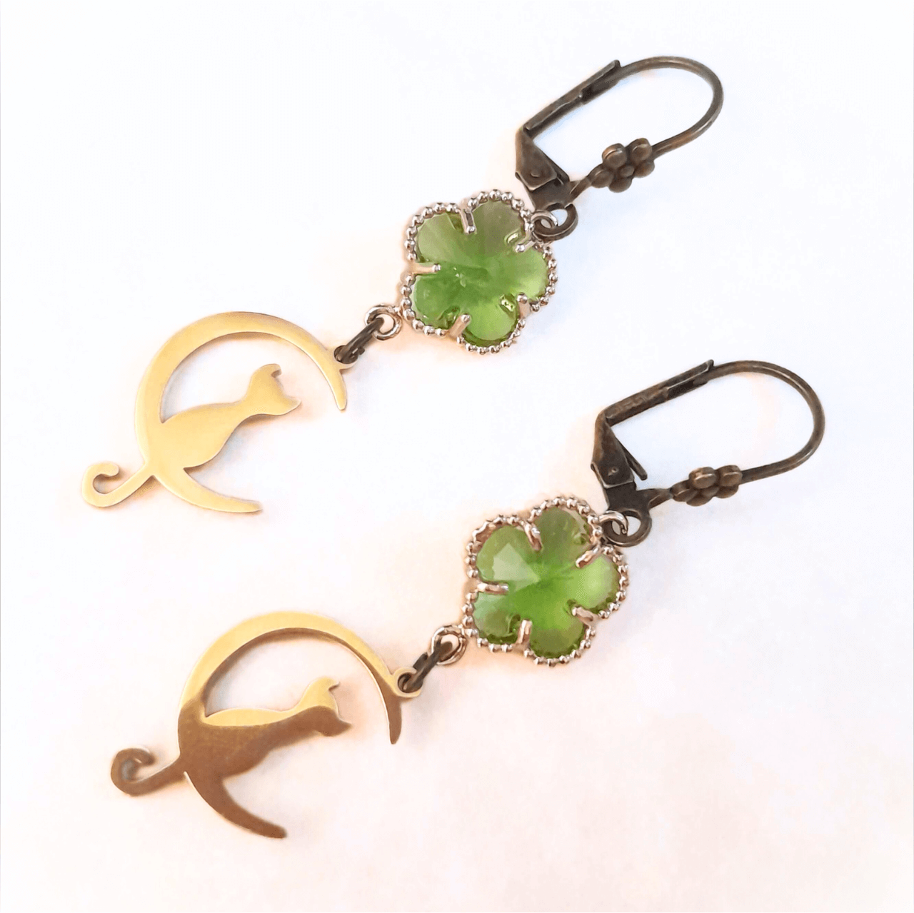 Green Earrings Cat Moon
