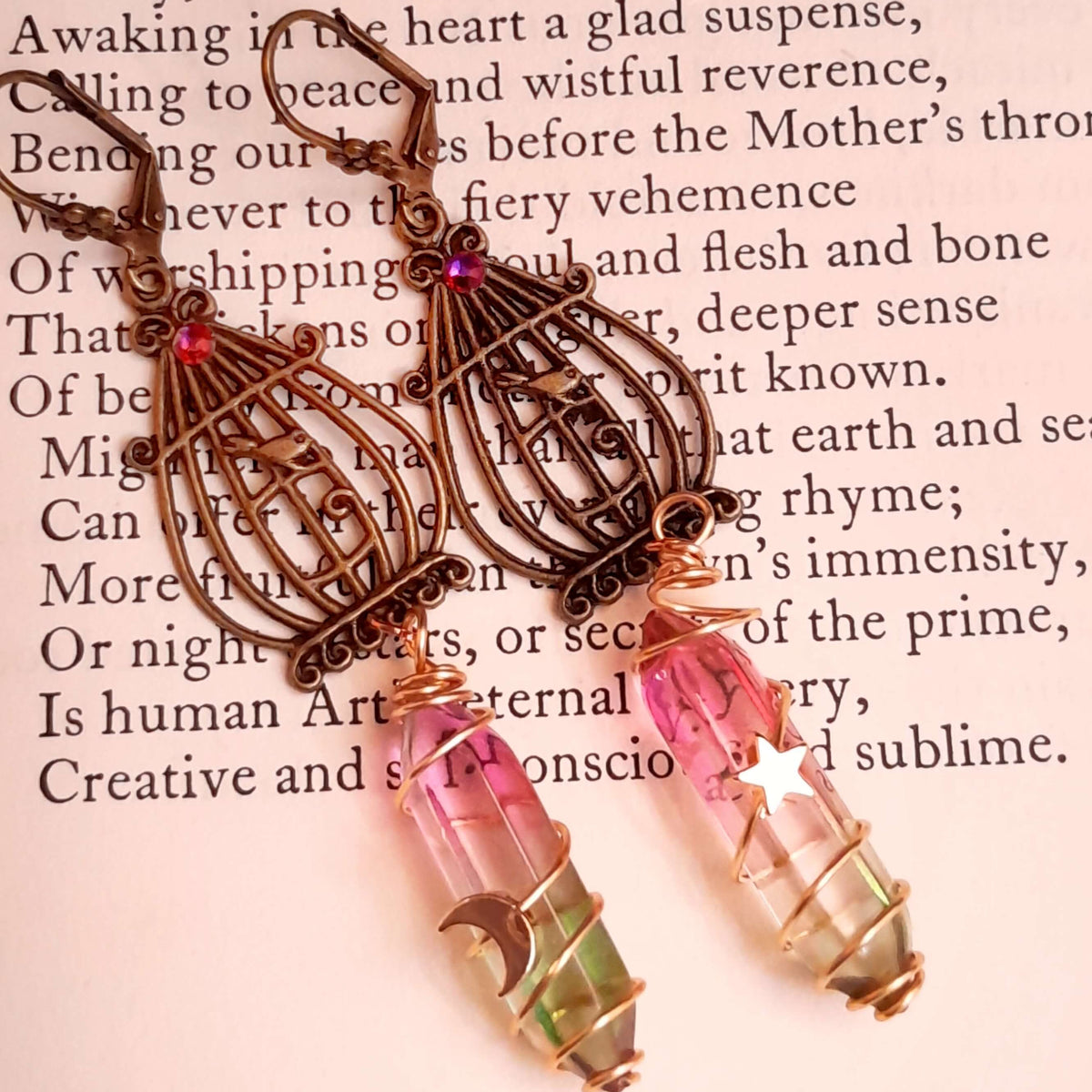 bird cage earrings with bird and multi color dangling crystal